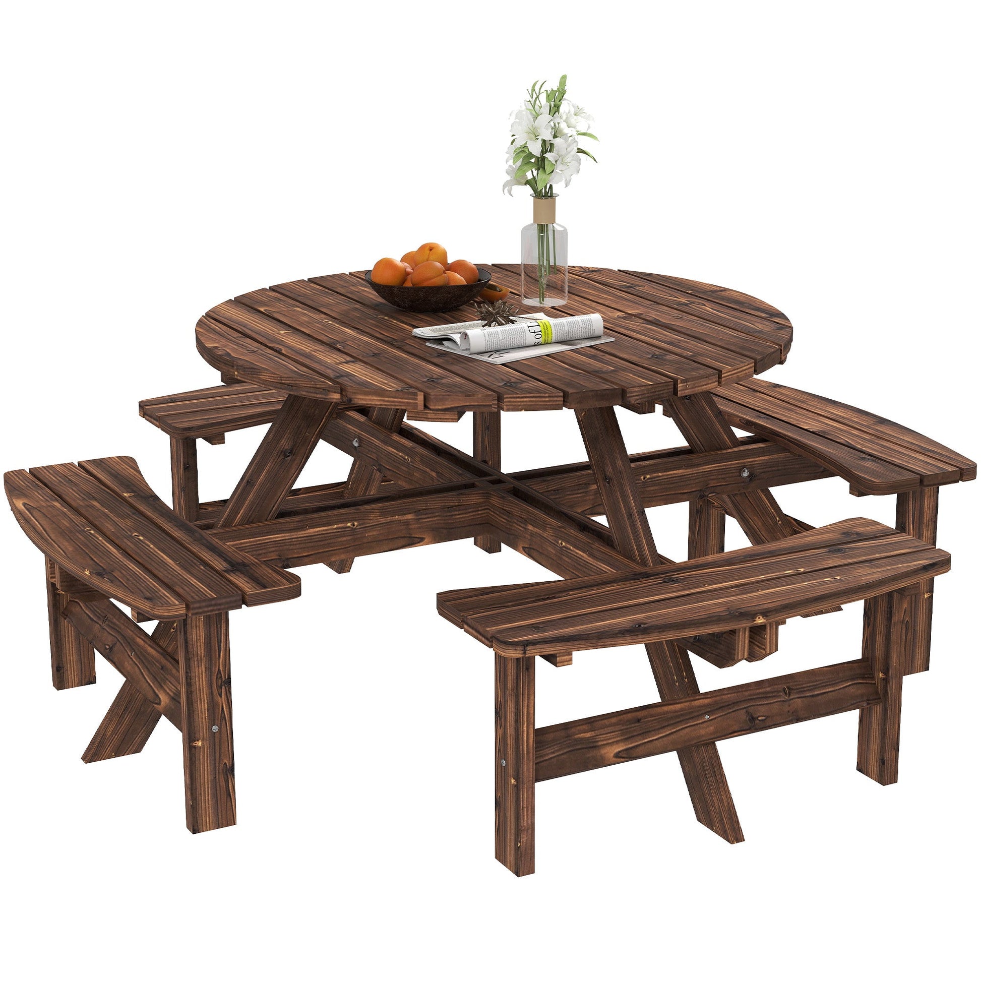 Wooden Garden Dining Set, 8 Seater Round Dining Picnic Table with Matching Bench, Patio Furniture Set with Parasol Hole for Outdoor Garden Patio Party and Family Gatherings, Tan