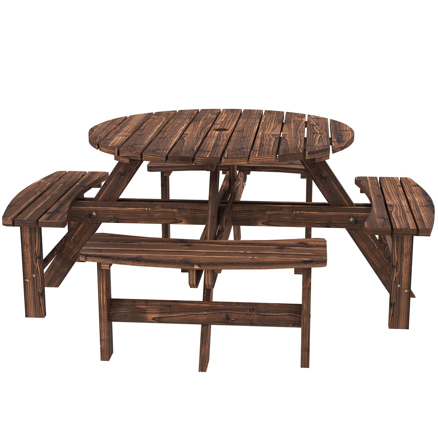 Wooden Garden Dining Set, 8 Seater Round Dining Picnic Table with Matching Bench, Patio Furniture Set with Parasol Hole for Outdoor Garden Patio Party and Family Gatherings, Tan