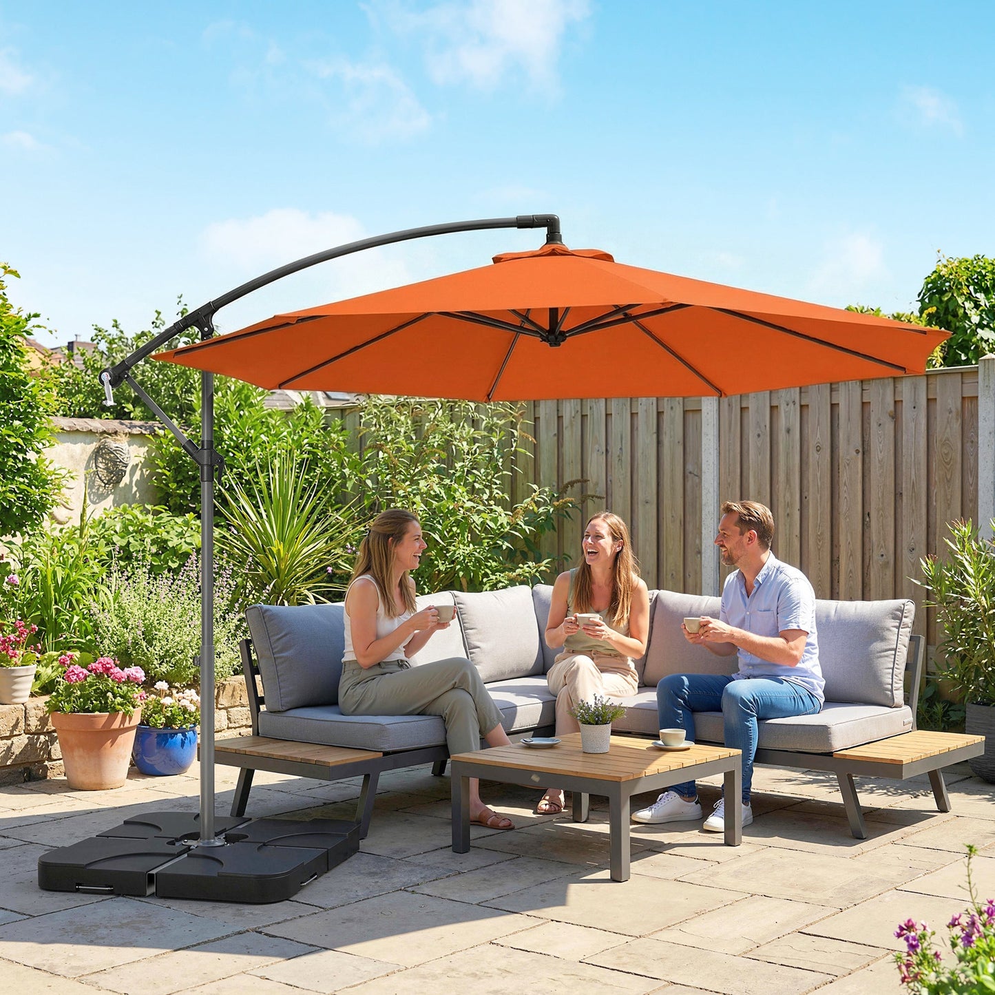 3 m Cantilever Parasol with Umbrella Weights, Cross Base, Offset Outdoor Umbrella with Protective Cover, Crank Handle, Hanging Sun Shade, Orange