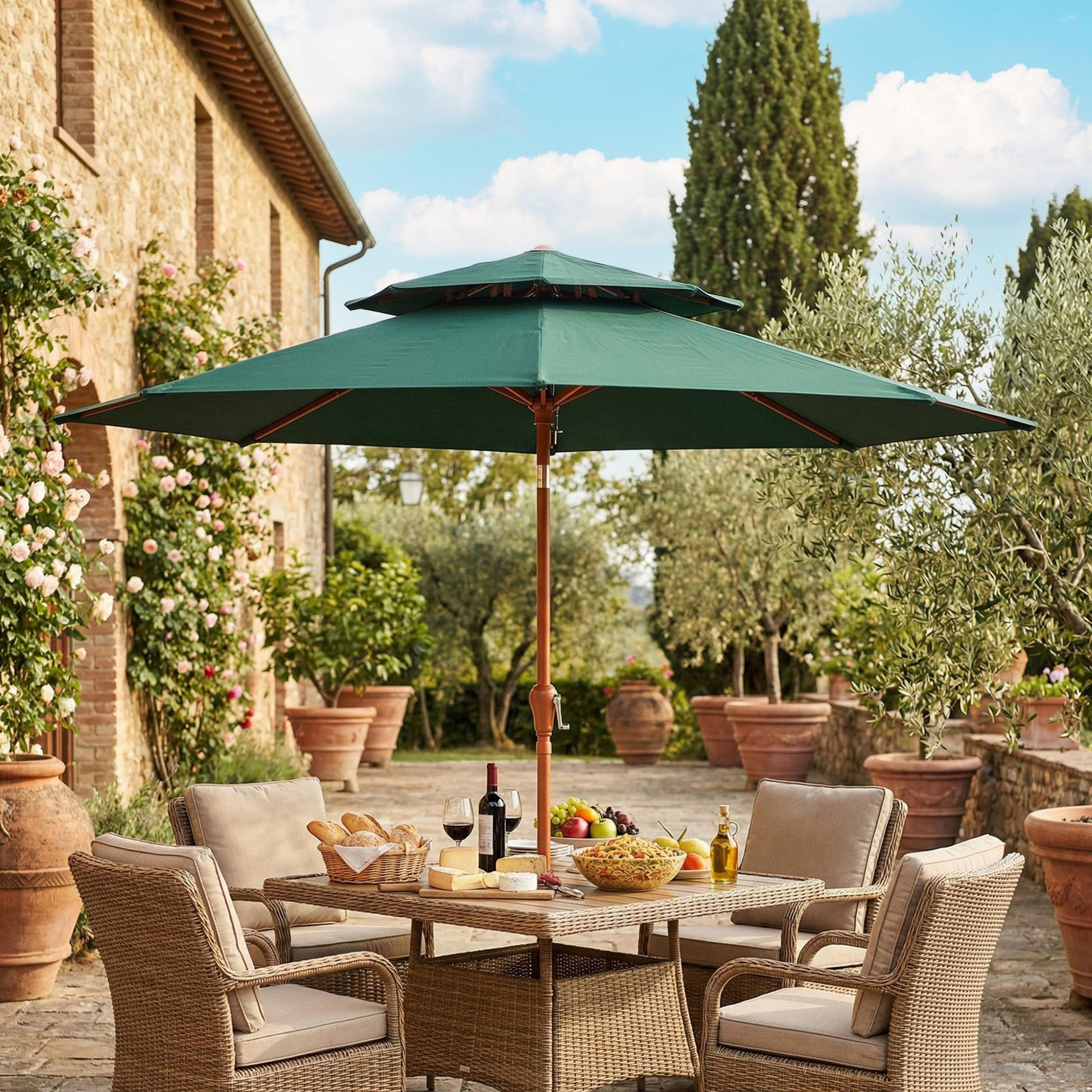 Patio Umbrella with Crank, Double Top Outdoor Market Table Umbrella for Garden, Patio,104'' x 104'', Green