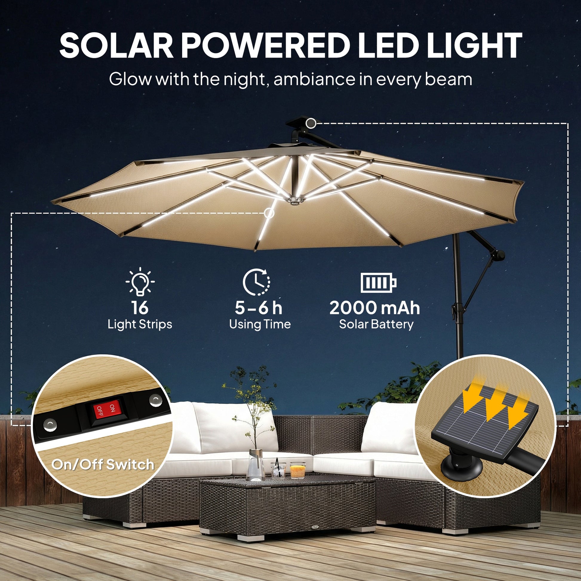 3 m Garden Cantilever Parasol with LED Solar Light, Round Overhanging Umbrella with 6-Position 360° Rotation, Crank Handle, Tilt, Cover, Banana Patio Umbrella for Outdoor Sun Shade, Khaki