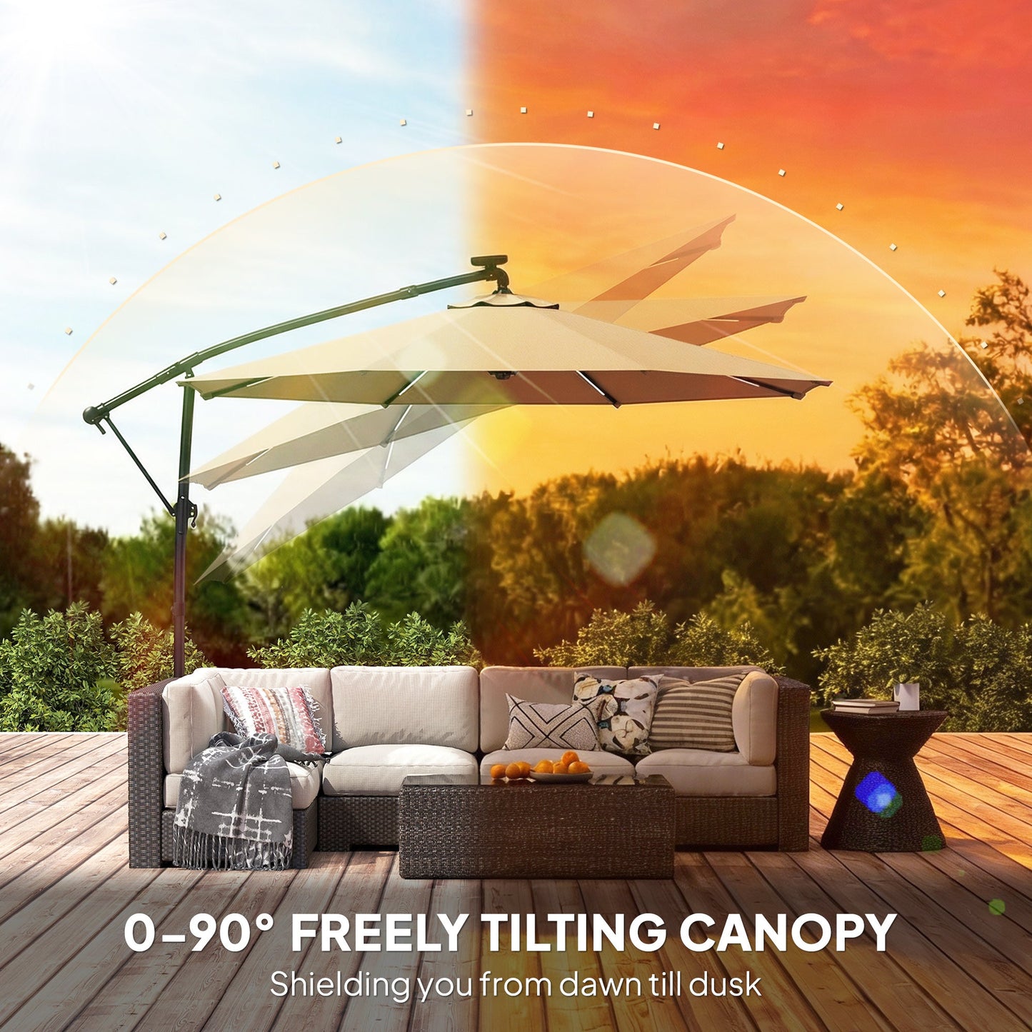 3 m Garden Cantilever Parasol with LED Solar Light, Round Overhanging Umbrella with 6-Position 360° Rotation, Crank Handle, Tilt, Cover, Banana Patio Umbrella for Outdoor Sun Shade, Khaki