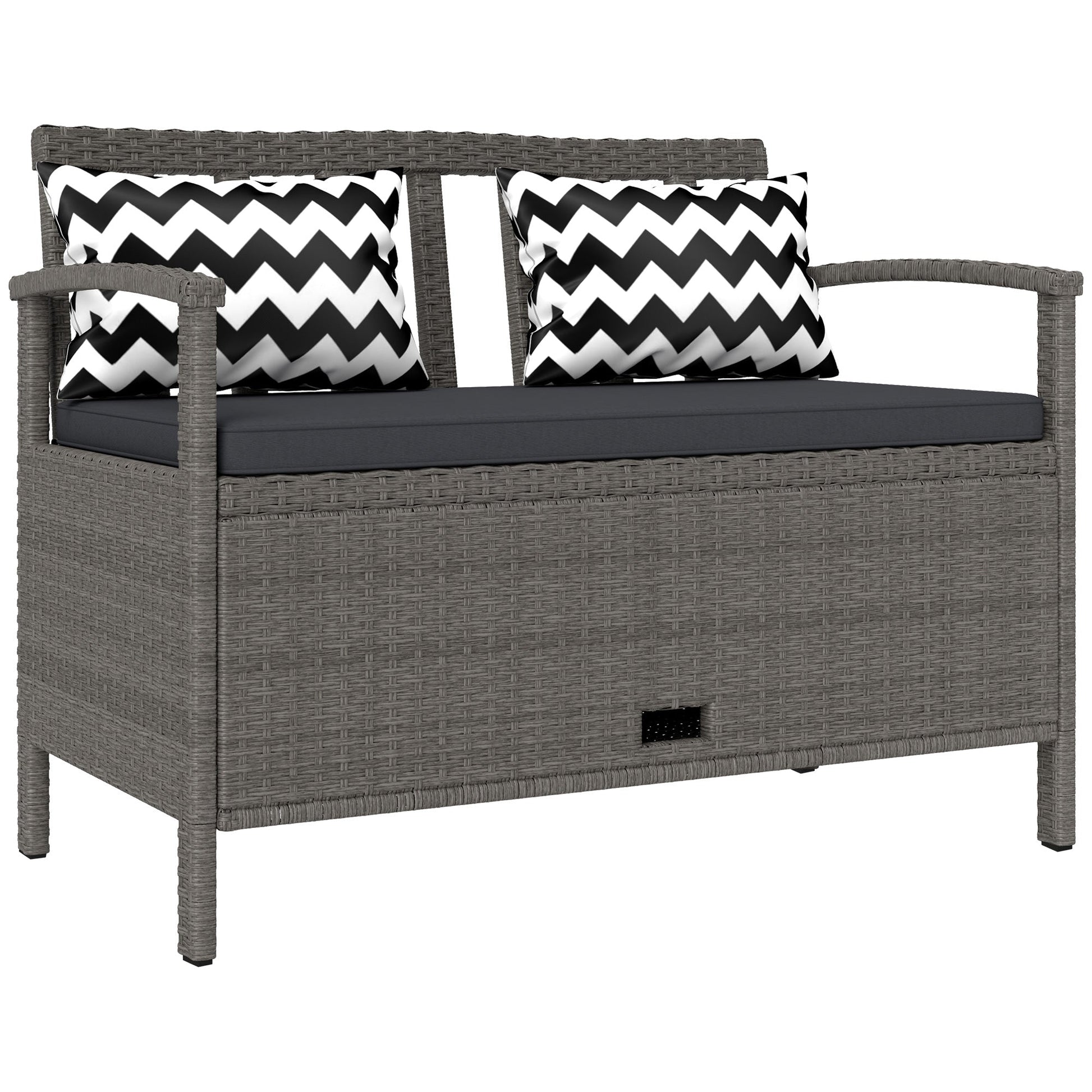 2 Seater Garden Storage Bench with 160L Capacity, PE Rattan Garden Bench with Storage, Wicker Outdoor Bench Loveseat with Cushion, Pillows and Steel Frame for Patio, Grey