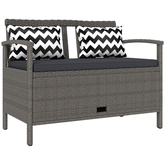 2 Seater Garden Storage Bench with 160L Capacity, PE Rattan Garden Bench with Storage, Wicker Outdoor Bench Loveseat with Cushion, Pillows and Steel Frame for Patio, Grey