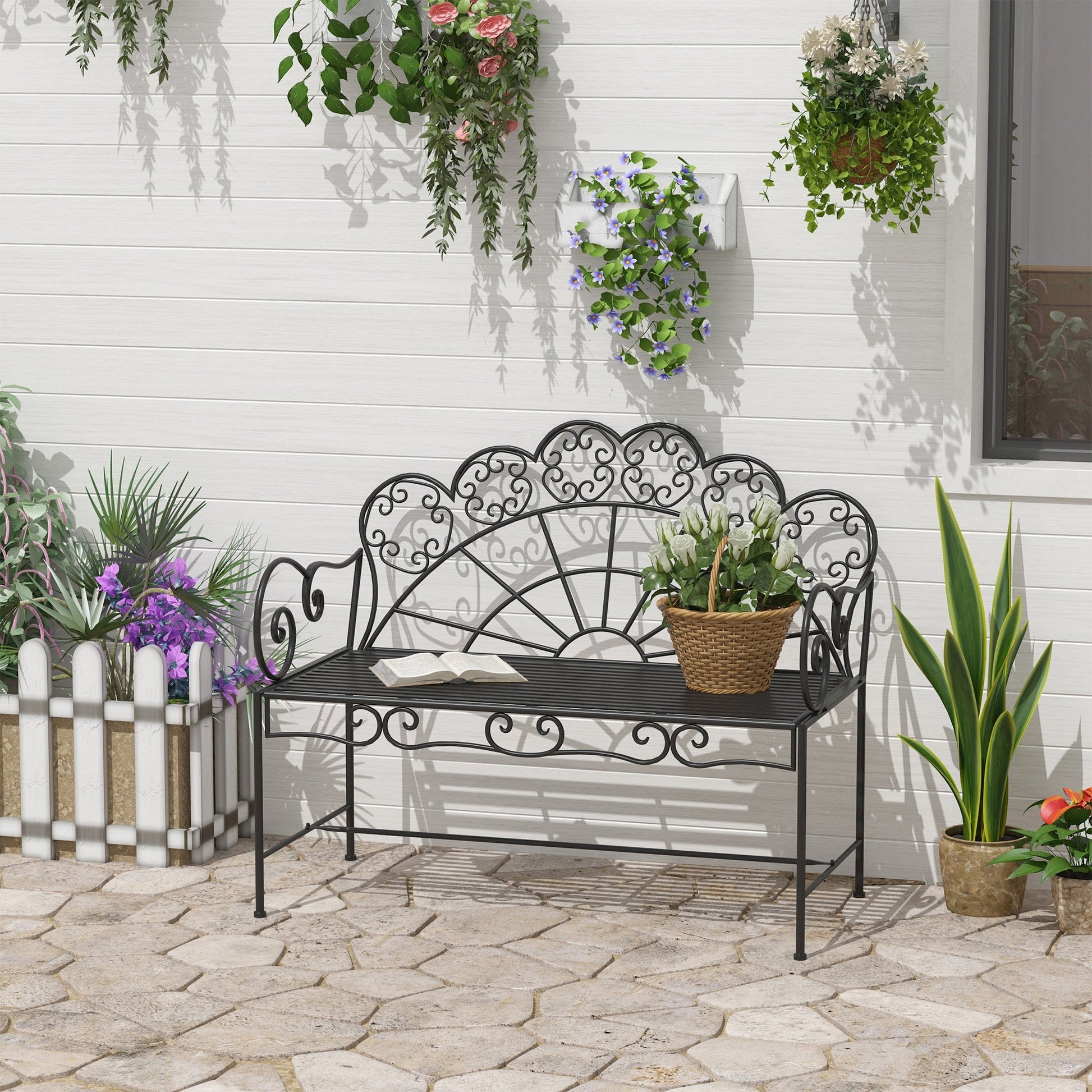 Garden Bench, 2 Seater Outdoor Patio Bench, Metal Garden Loveseat with Slatted Seat, 200 KG Capacity for Park Balcony Porch, 107 x 55.5 x 92 cm, Black