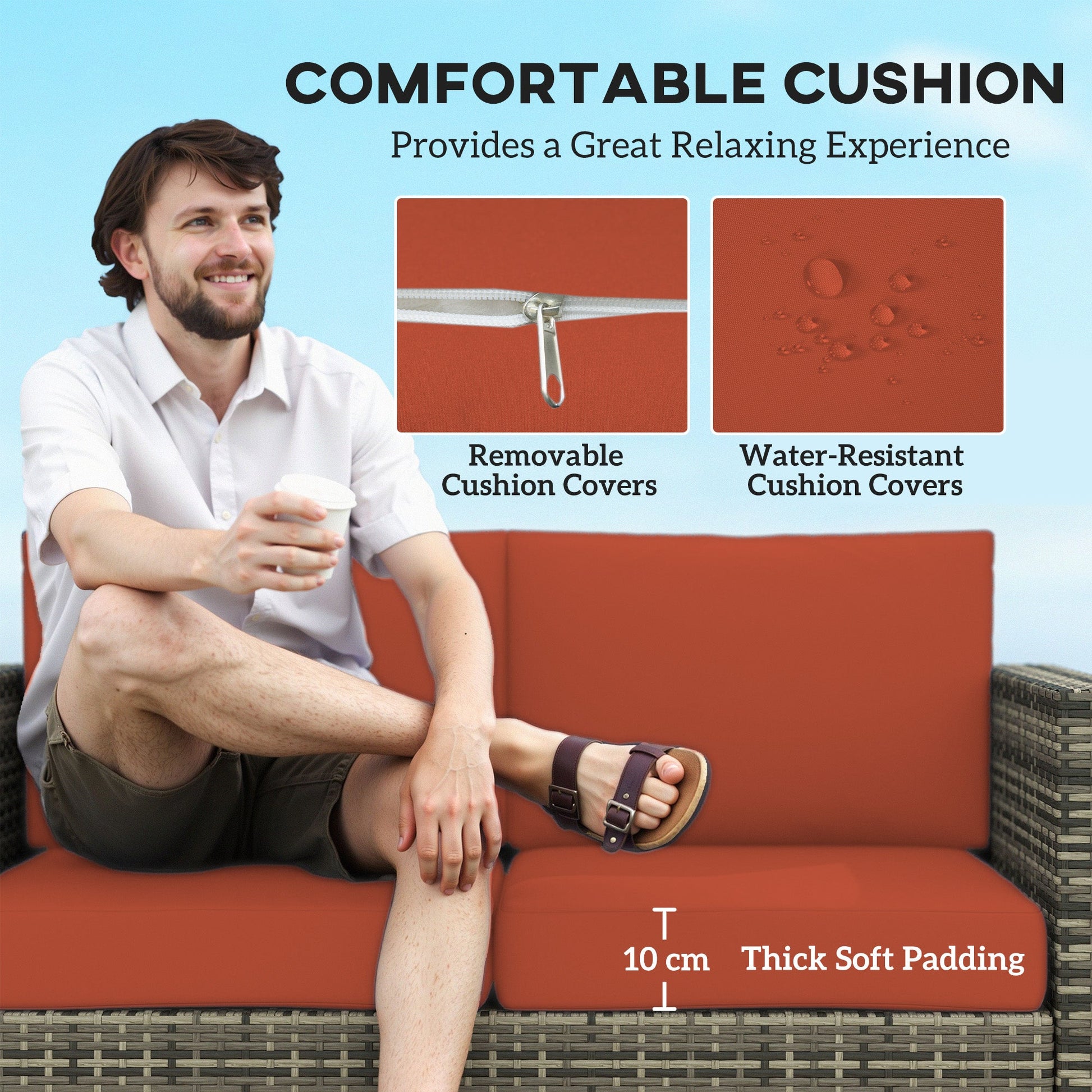 Rattan Sofa, 2 Seater Garden Furniture with Soft Padded Cushion and Armrests, Wicker Garden Loveseat for Patio, Grey
