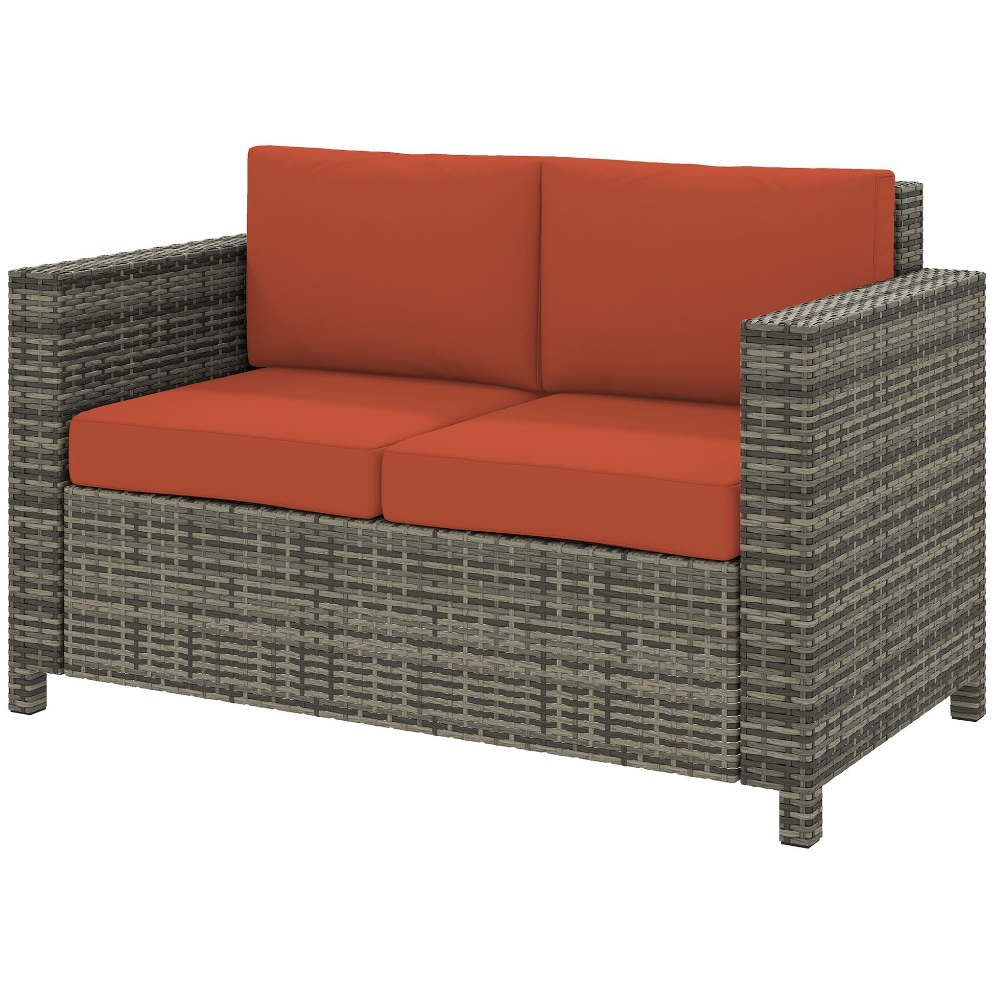 Rattan Sofa, 2 Seater Garden Furniture with Soft Padded Cushion and Armrests, Wicker Garden Loveseat for Patio, Grey