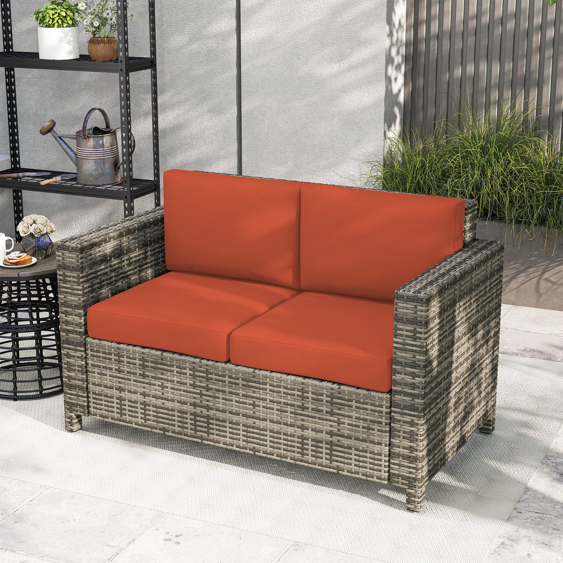 Rattan Sofa, 2 Seater Garden Furniture with Soft Padded Cushion and Armrests, Wicker Garden Loveseat for Patio, Grey