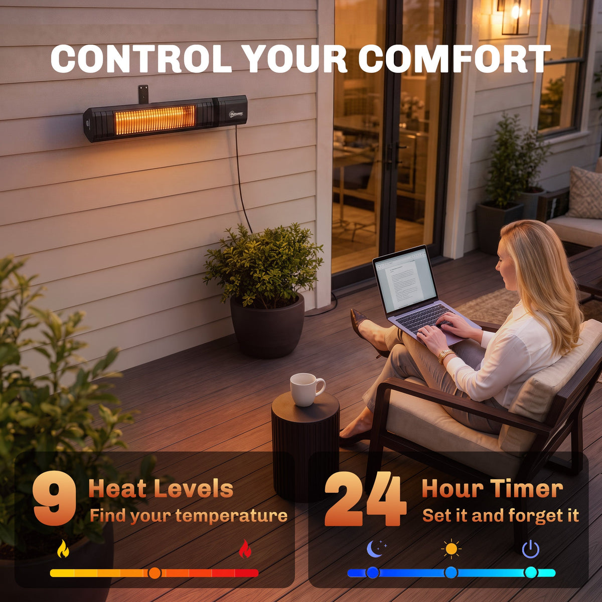 2000 W Electric Infrared Patio Heater, Wall Mounted IP65 Waterproof Outdoor Garden Heater with APP/Touch/Remote Control, 9 Heat Settings, 24H Timer for Indoor & Outdoor, Black