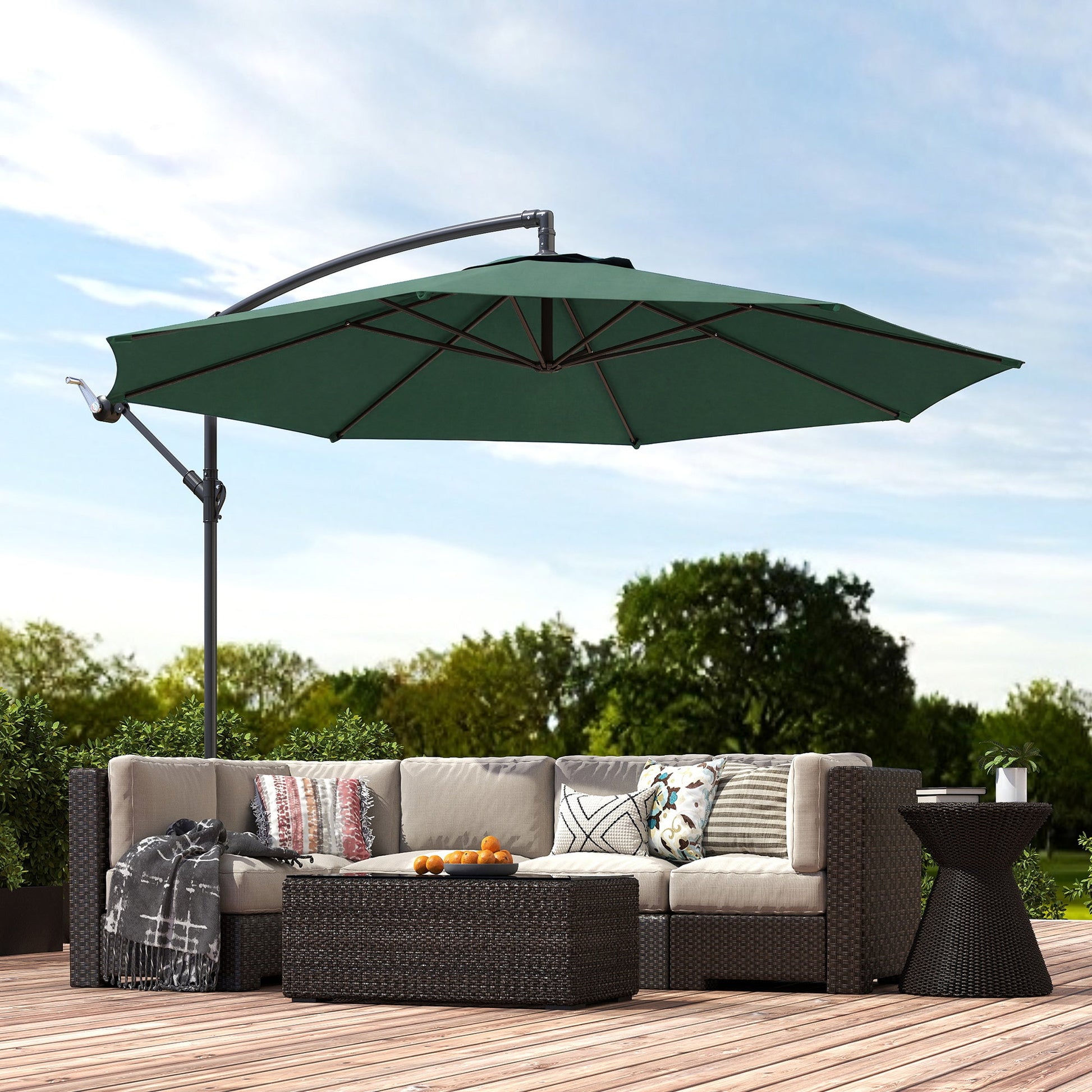 3(m) Garden Banana Parasol Hanging Cantilever Umbrella with Crank Handle, 8 Ribs and Cross Base for Outdoor, Sun Shade, Dark Green