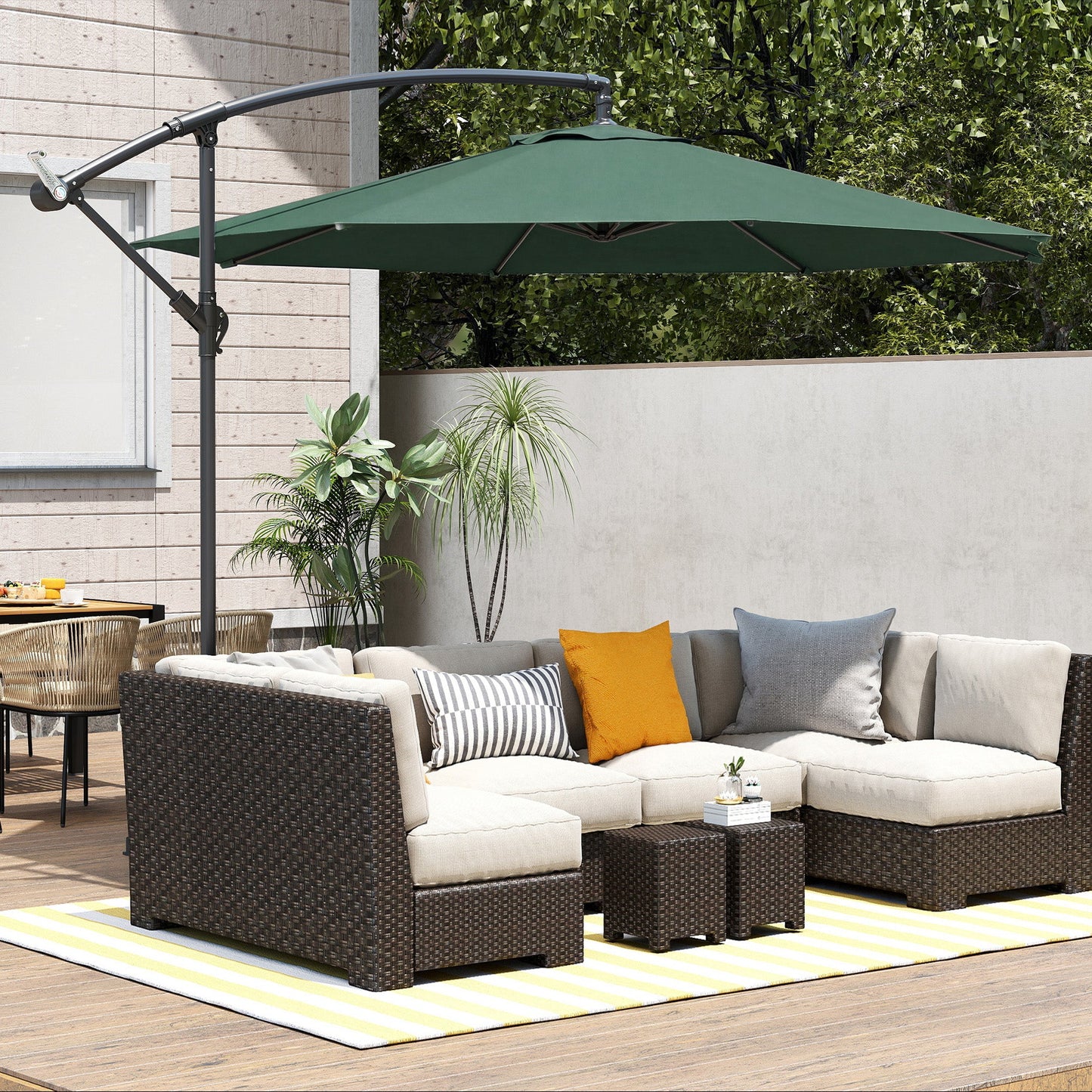3(m) Garden Banana Parasol Hanging Cantilever Umbrella with Crank Handle, 8 Ribs and Cross Base for Outdoor, Sun Shade, Dark Green