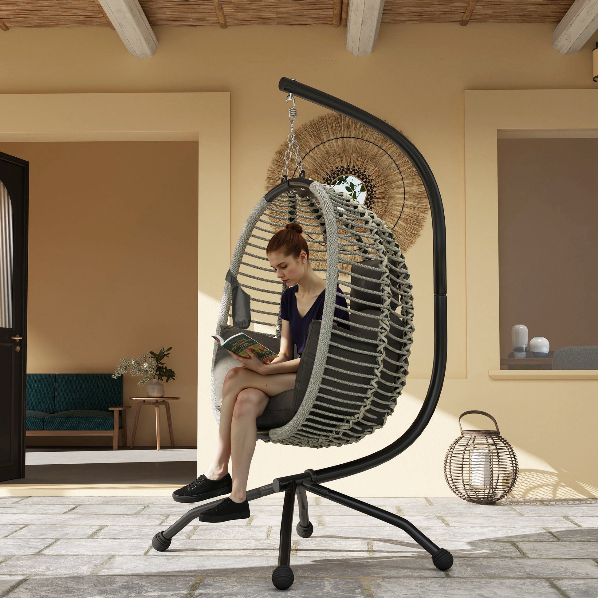 Outdoor Swing Chair with Thick Padded Cushion, Patio Hanging Egg Chair with Metal Stand, Foldable Basket, Cup Holder, Rope Structure for Indoor & Outdoor, Dark Grey