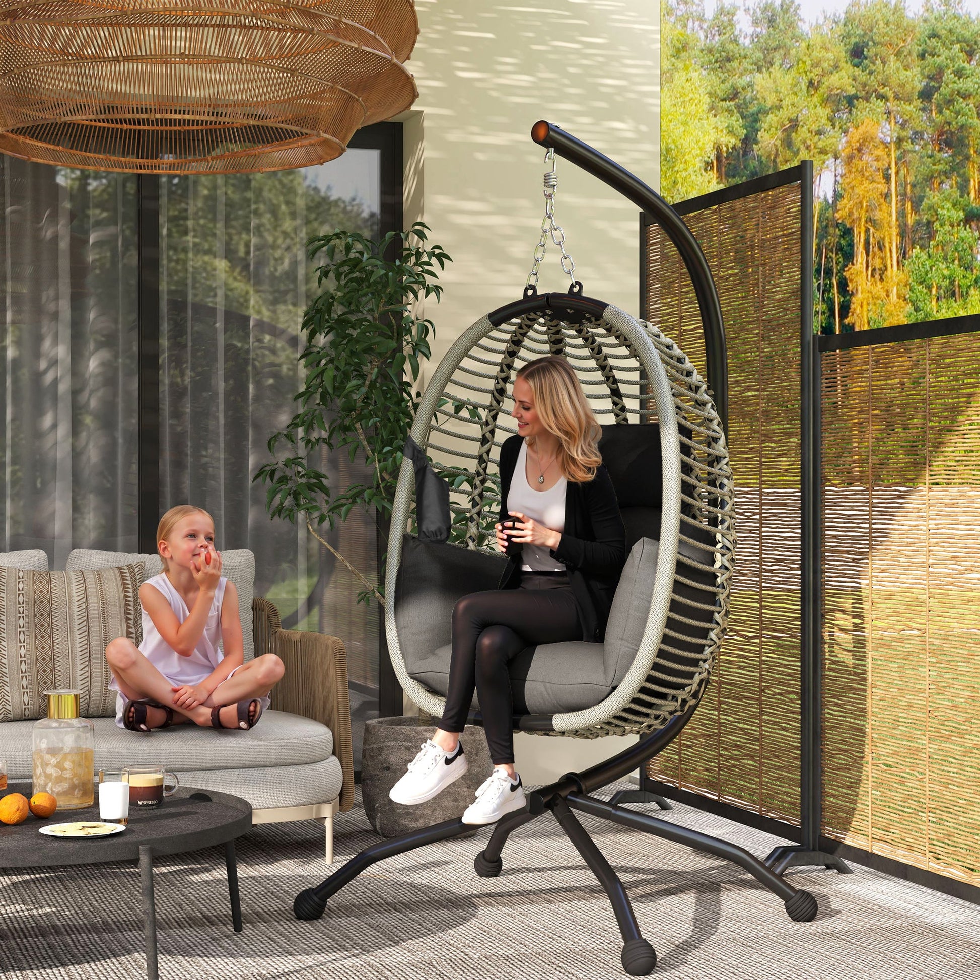 Outdoor Swing Chair with Thick Padded Cushion, Patio Hanging Egg Chair with Metal Stand, Foldable Basket, Cup Holder, Rope Structure for Indoor & Outdoor, Dark Grey