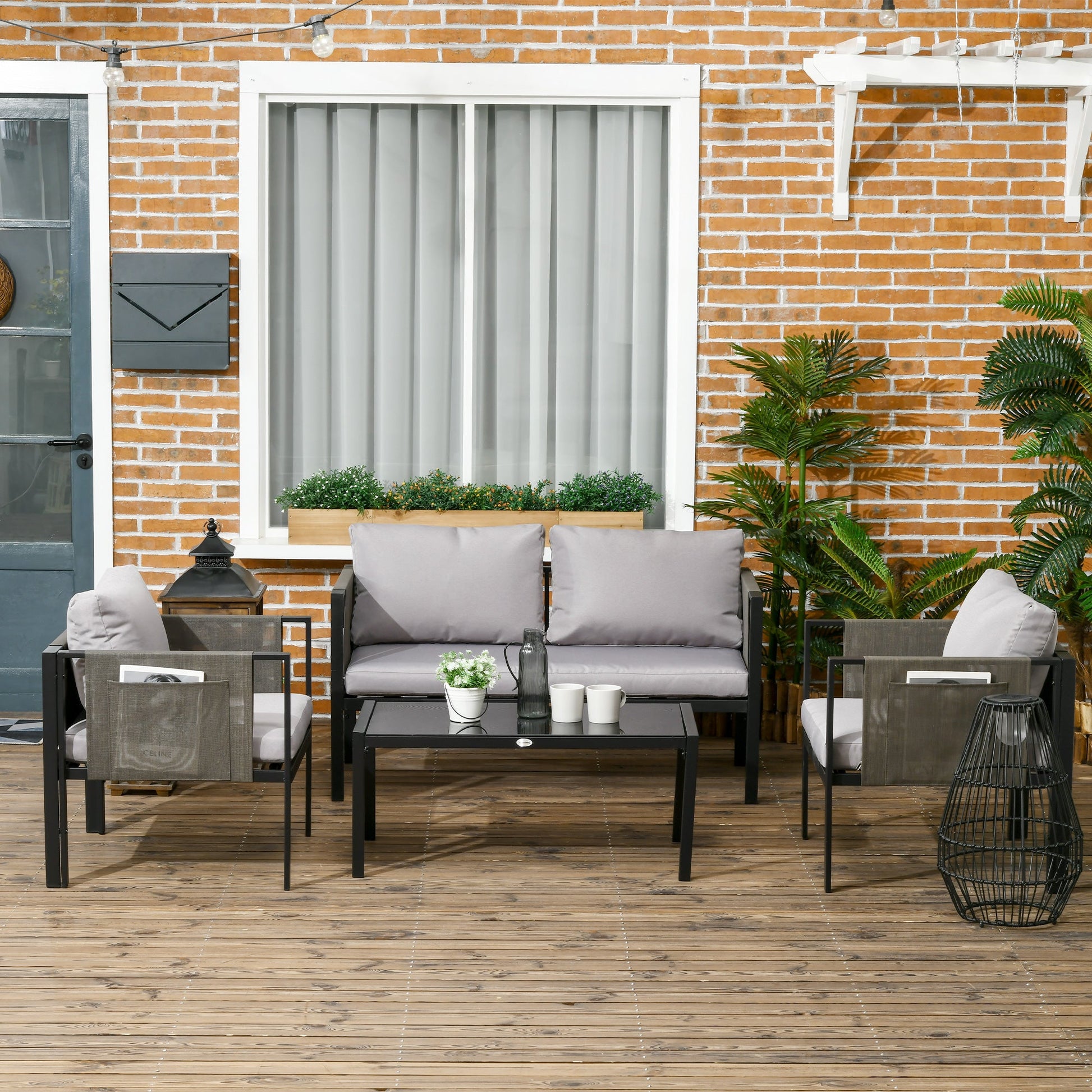 4 Piece Metal Garden Furniture Set with Tempered Glass Coffee Table, Texteline Pocket, Outdoor Set Loveseat Single Armchairs with Padded Cushions, Light Grey