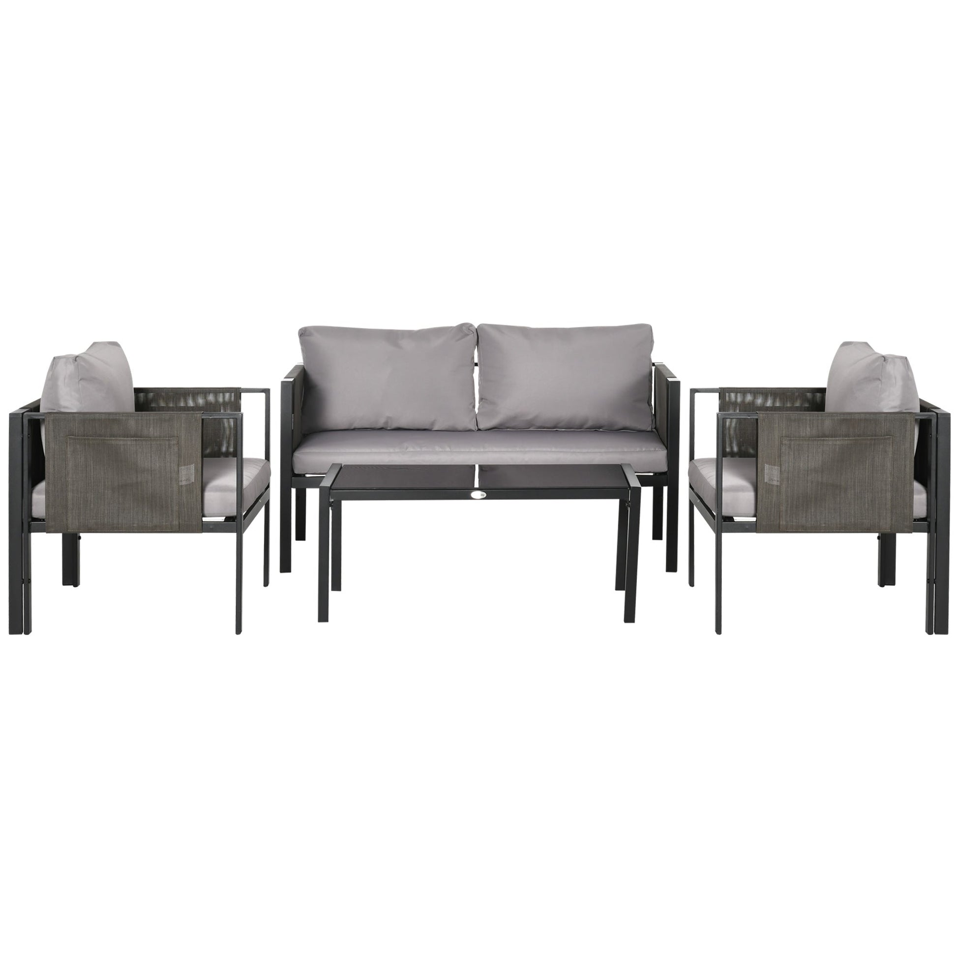 4 Piece Metal Garden Furniture Set with Tempered Glass Coffee Table, Texteline Pocket, Outdoor Set Loveseat Single Armchairs with Padded Cushions, Light Grey