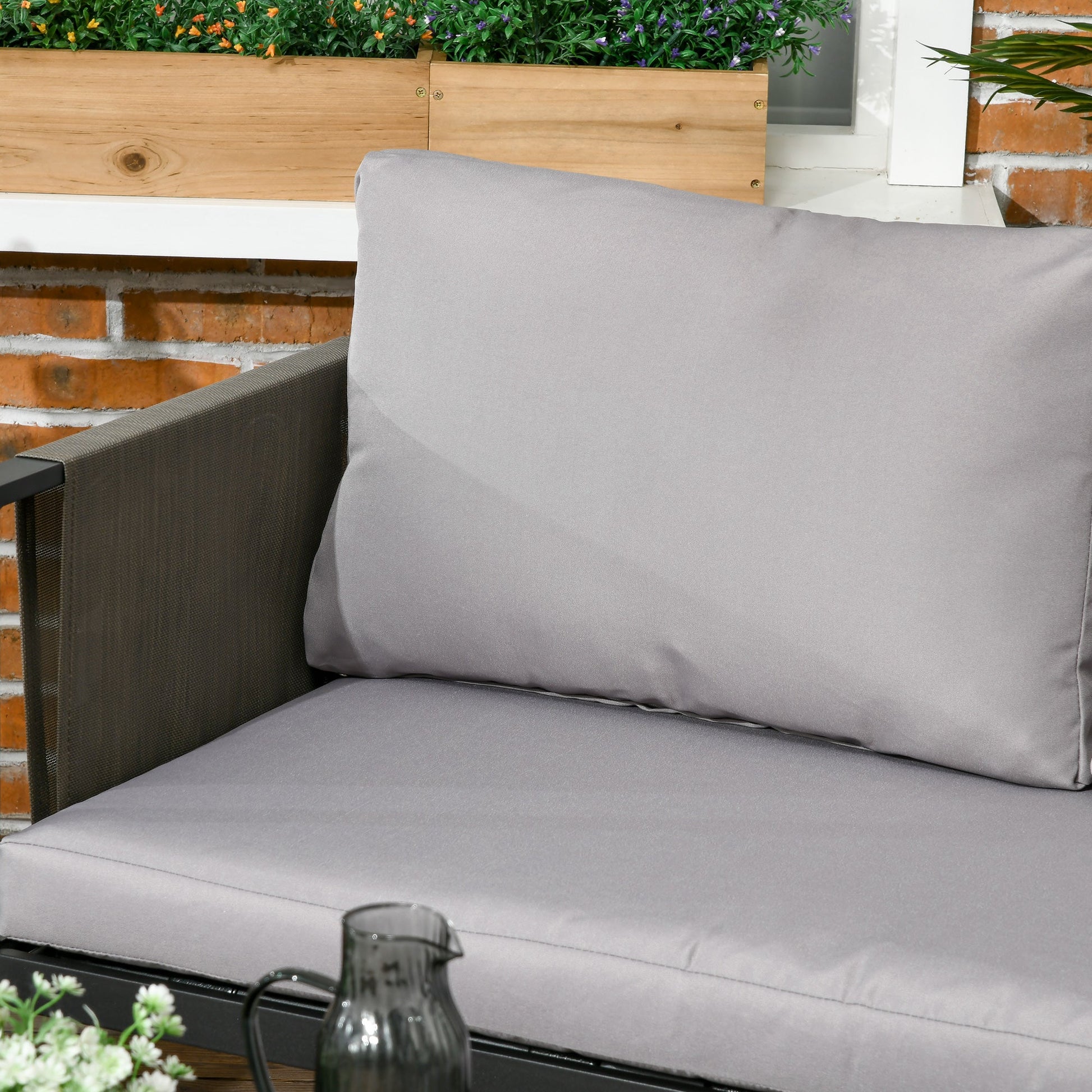 4 Piece Metal Garden Furniture Set with Tempered Glass Coffee Table, Texteline Pocket, Outdoor Set Loveseat Single Armchairs with Padded Cushions, Light Grey