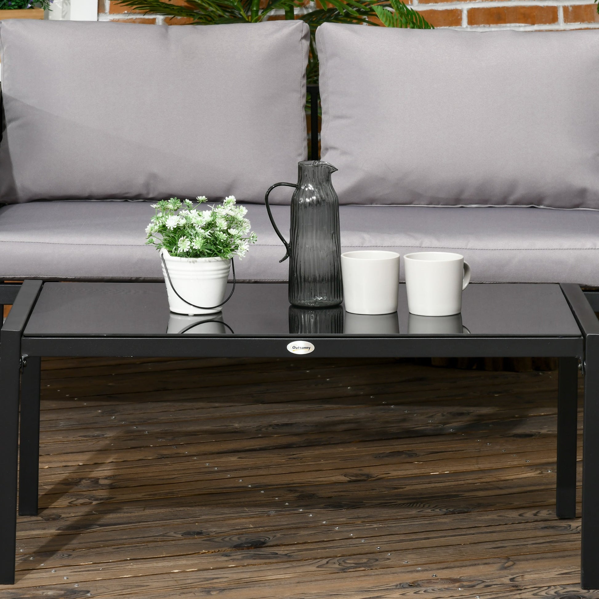 4 Piece Metal Garden Furniture Set with Tempered Glass Coffee Table, Texteline Pocket, Outdoor Set Loveseat Single Armchairs with Padded Cushions, Light Grey