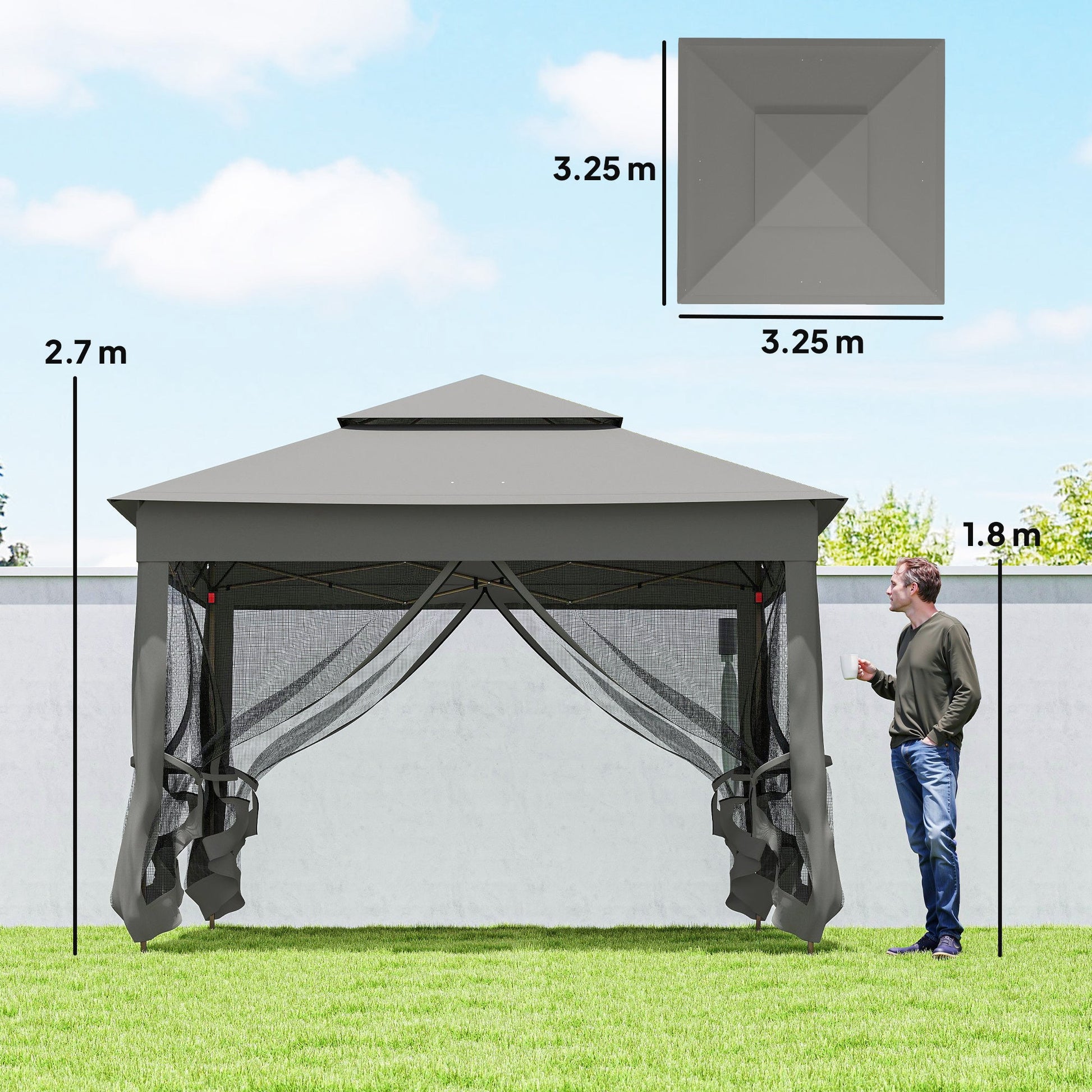 3 x 3(m) Pop Up Gazebo, Double-roof Garden Tent with Netting and Carry Bag, Party Event Shelter for Outdoor Patio, Dark Grey