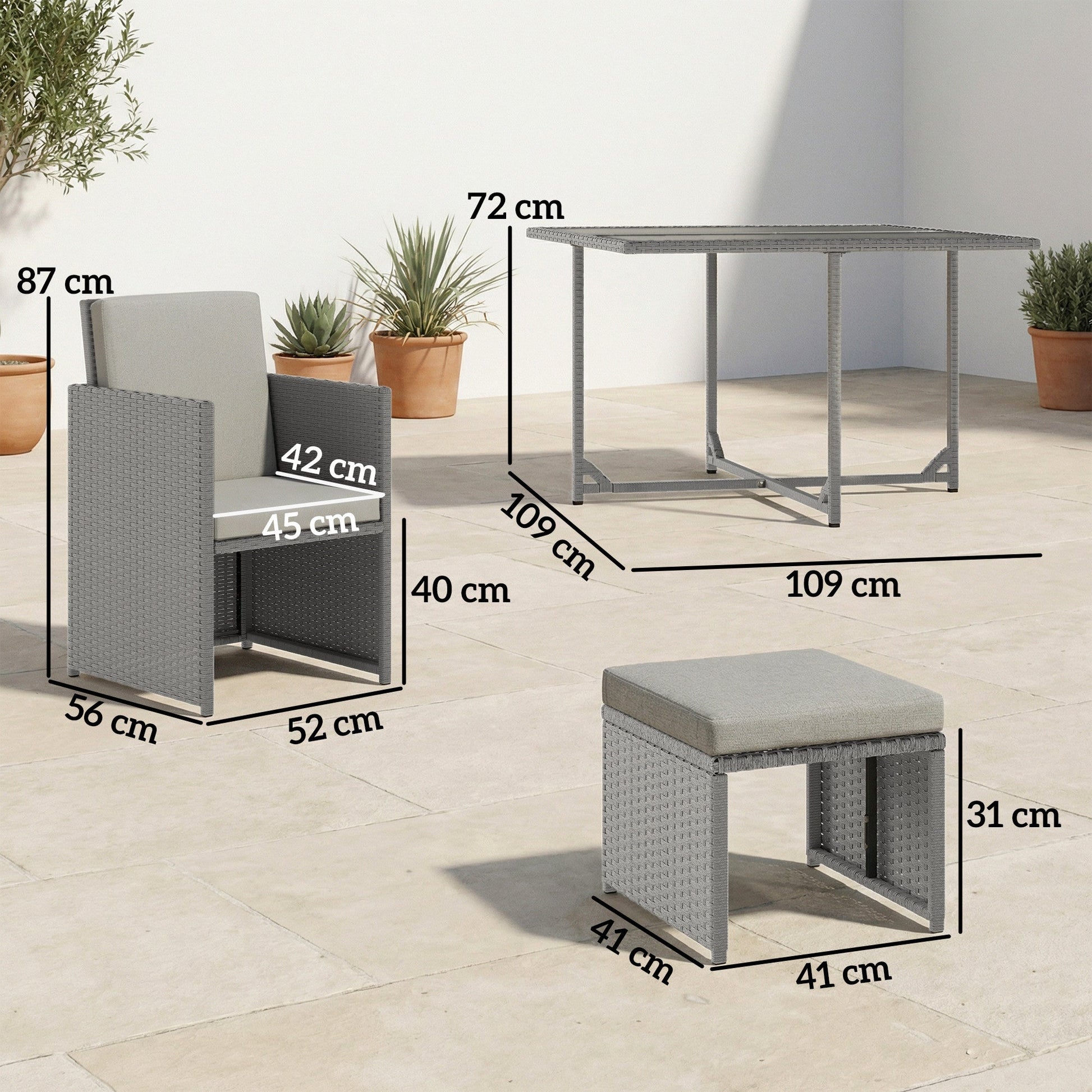 8 Seater Rattan Cube Garden Furniture Set, Space Saving Outdoor Dining Set with Cushions, Garden Table and Chairs with 4 Armchairs, 4 Footstools, Square Glass Top Table, Light Grey