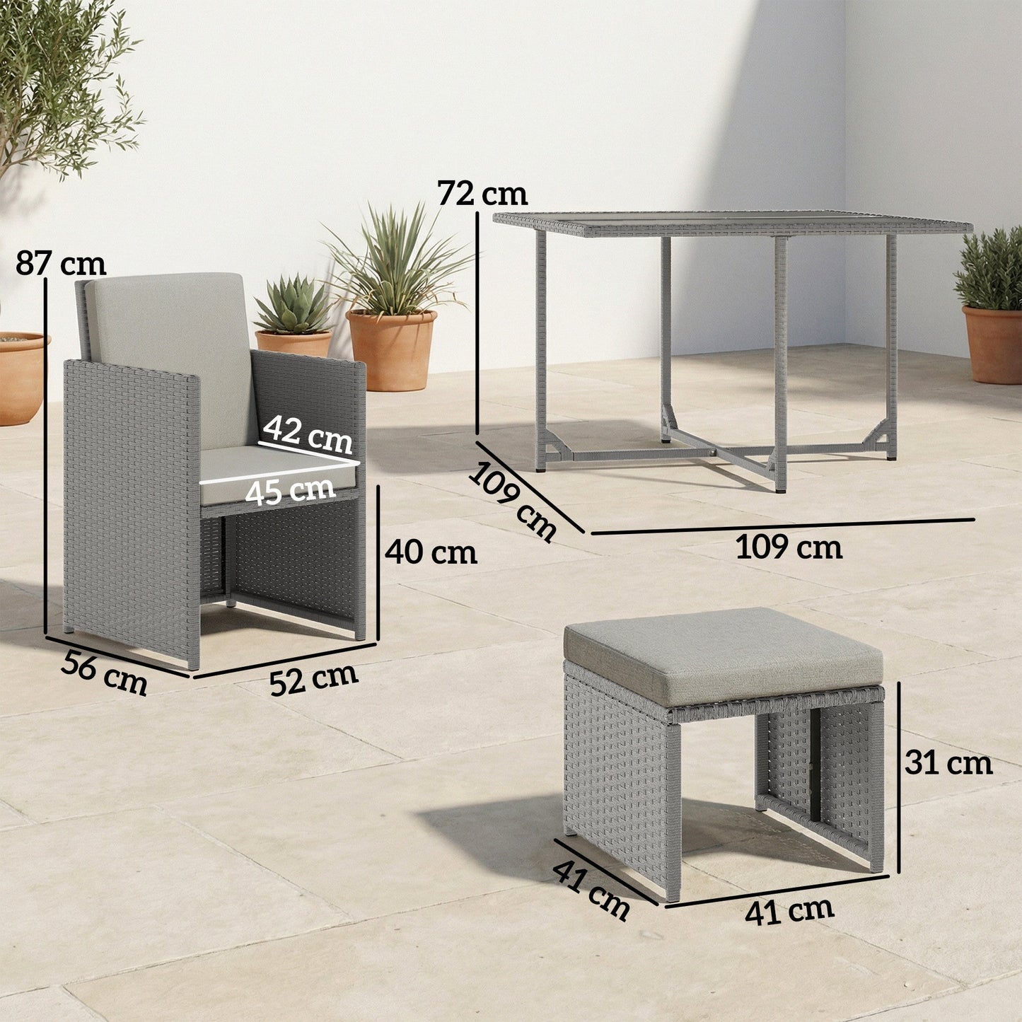 8 Seater Rattan Cube Garden Furniture Set, Space Saving Outdoor Dining Set with Cushions, Garden Table and Chairs with 4 Armchairs, 4 Footstools, Square Glass Top Table, Light Grey