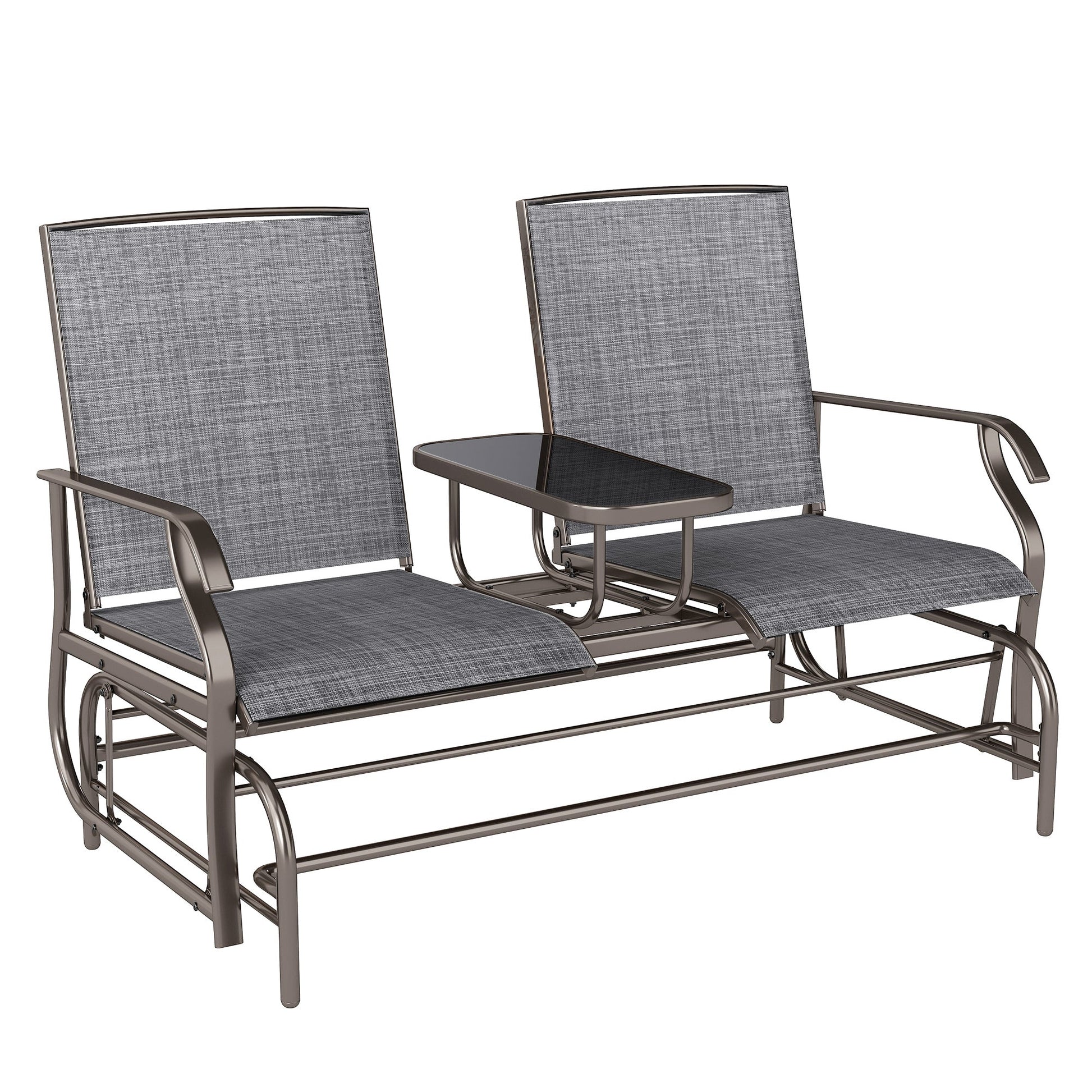 2 Seats Garden Glider Bench, Metal Frame Loveseat with Glass Top  Centre Table, Porch Rocking Glider for 2 Person, for Deck, Patio, Brown/ Grey