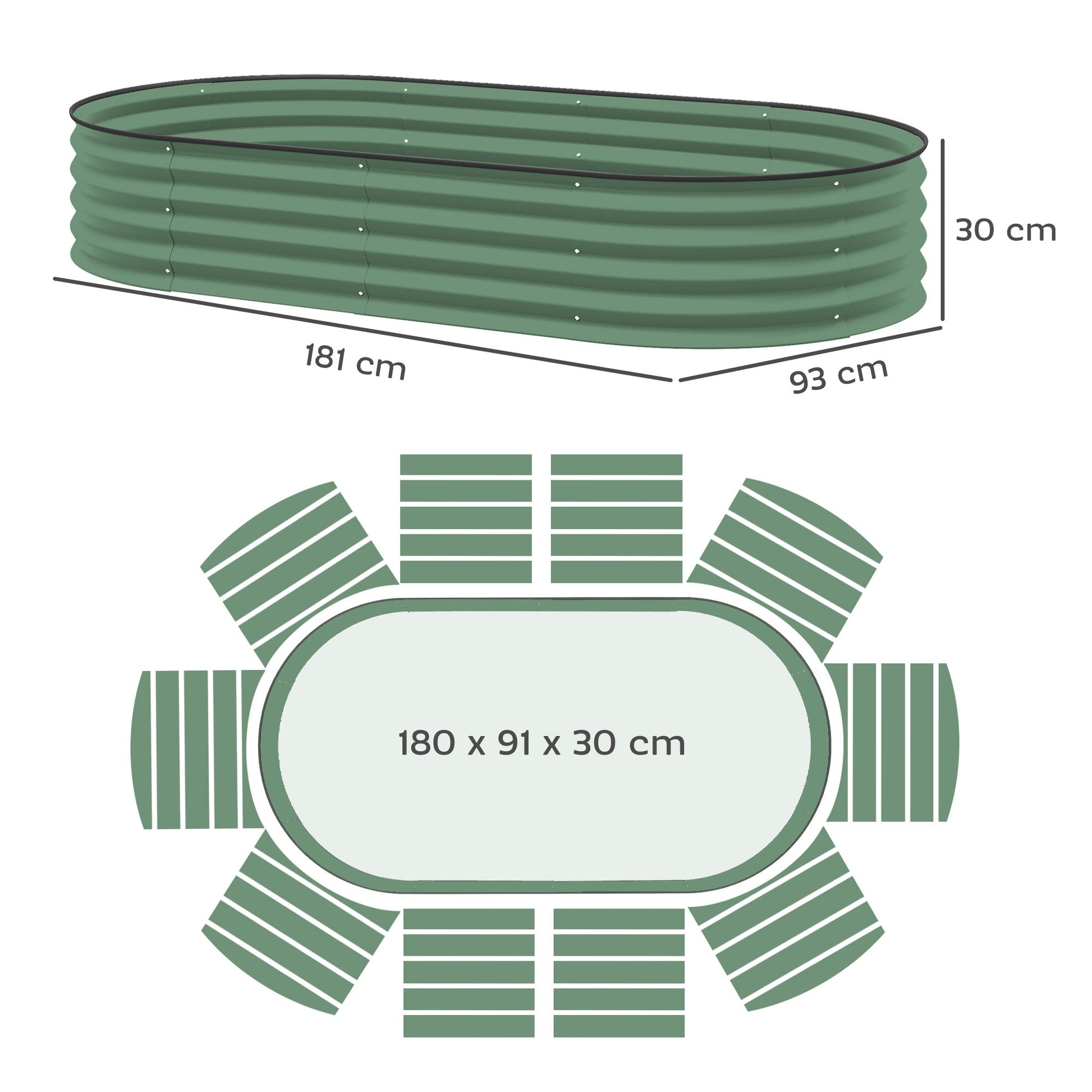 Set of 2 Raised Beds for Garden, Outdoor Galvanised Planter Box with Plant Support Stakes, Rubber Strap Edging and Bottomless for Flower, Vegetable, 181 x 93 x 30 cm, Green