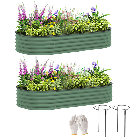 Set of 2 Raised Beds for Garden, Outdoor Galvanised Planter Box with Plant Support Stakes, Rubber Strap Edging and Bottomless for Flower, Vegetable, 181 x 93 x 30 cm, Green