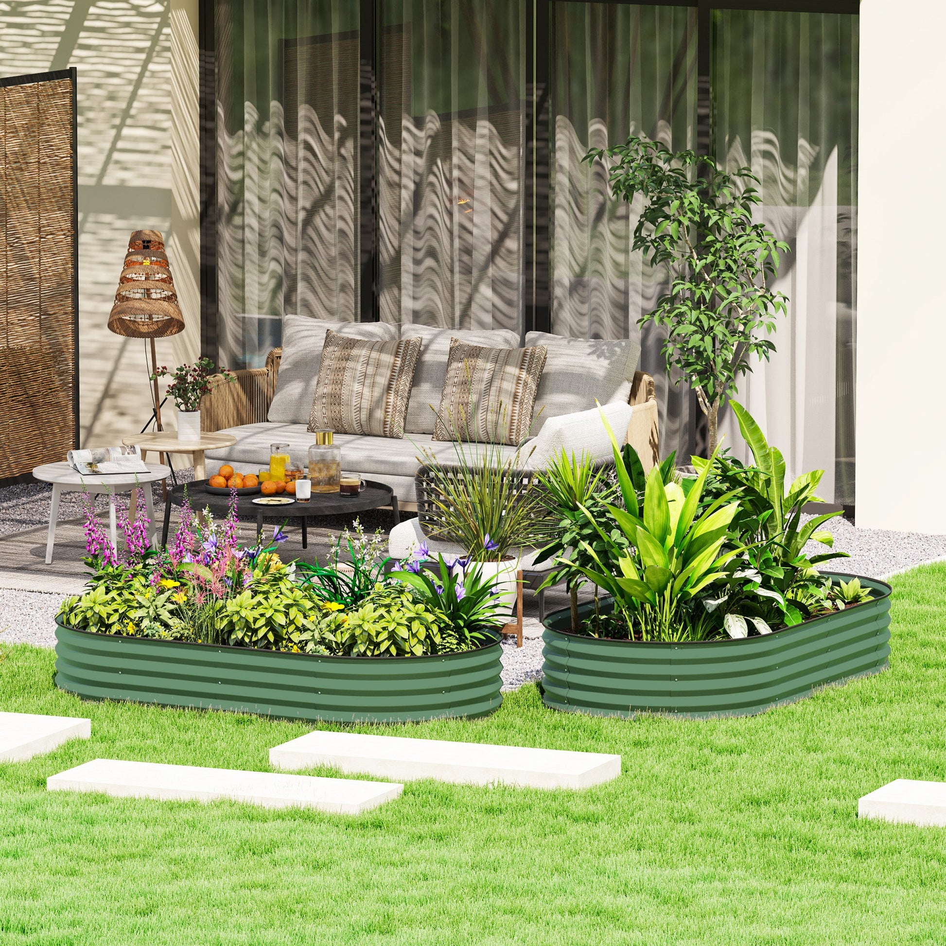 Set of 2 Raised Beds for Garden, Outdoor Galvanised Planter Box with Plant Support Stakes, Rubber Strap Edging and Bottomless for Flower, Vegetable, 181 x 93 x 30 cm, Green