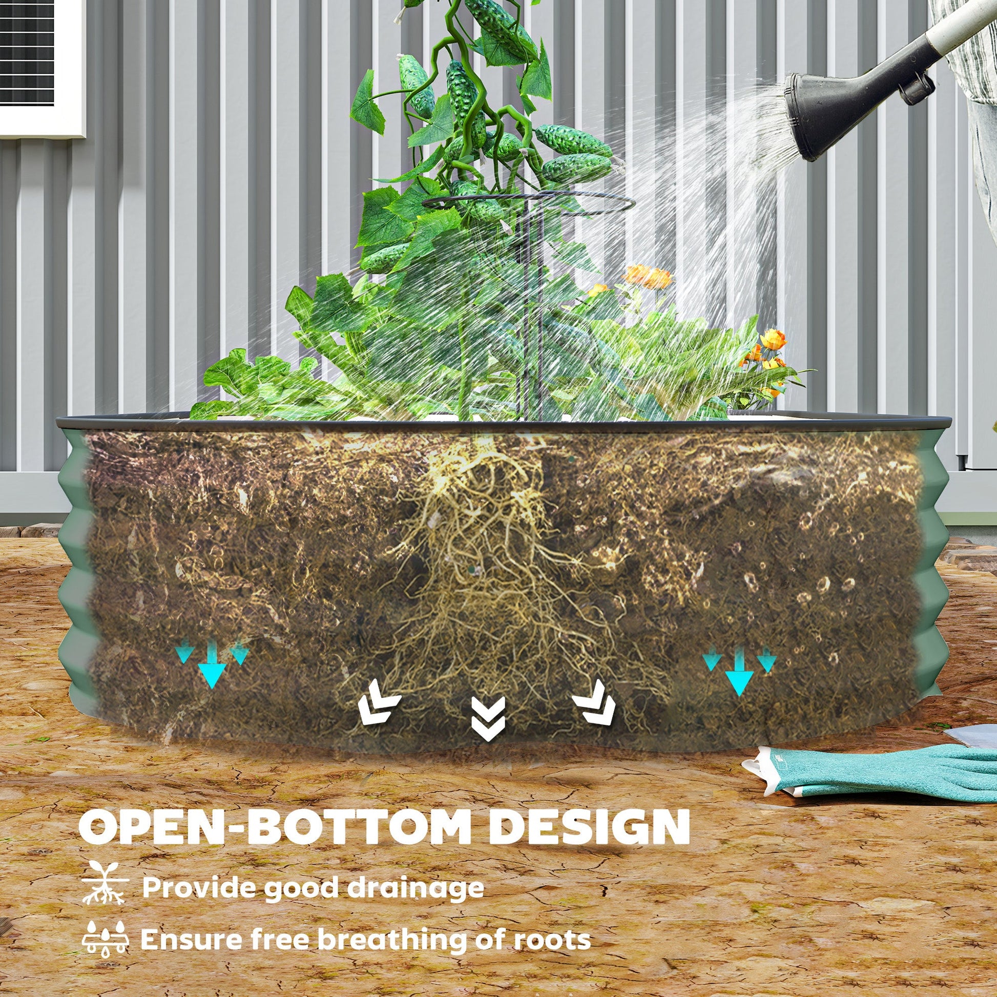 Set of 2 Raised Beds for Garden, Outdoor Galvanised Planter Box with Plant Support Stakes, Rubber Strap Edging and Bottomless for Flower, Vegetable, 181 x 93 x 30 cm, Green