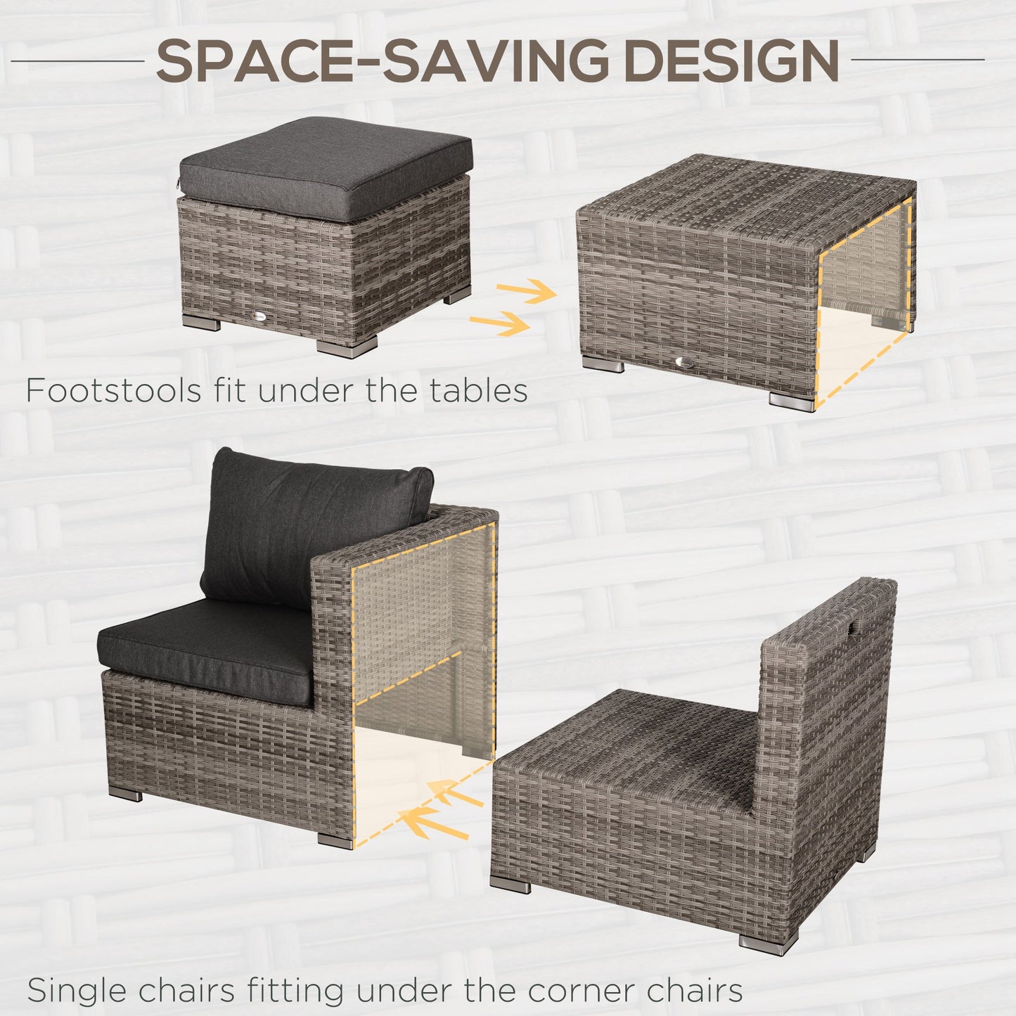 8 Pieces Rattan Garden Furniture Set, Garden Corner Sofa Set with 4 Chairs, 2 Footstools, 2 Coffee Tables and Cushions, Space-Saving Design, No Assembly Required, Grey