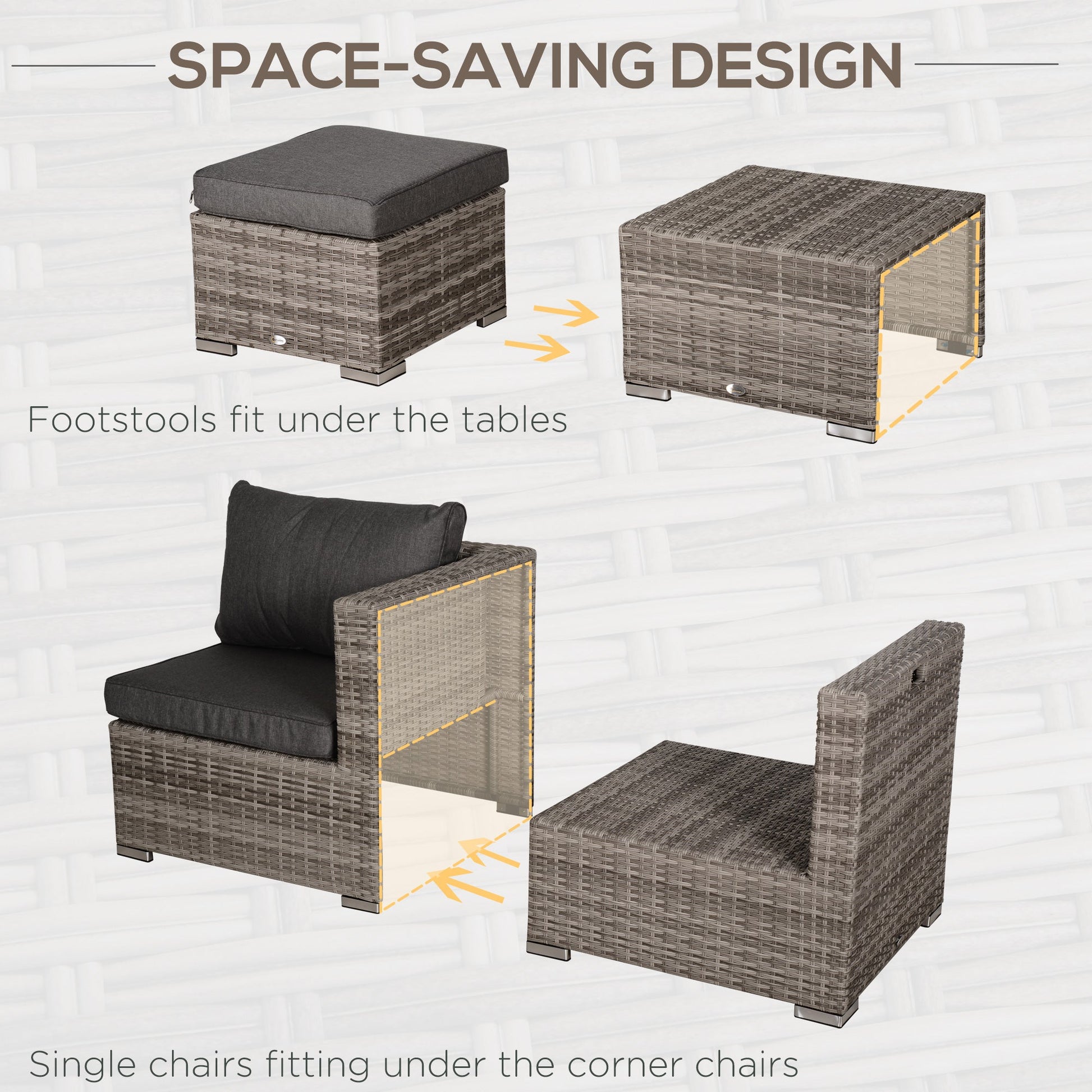 8 Pieces Rattan Garden Furniture Set, Garden Corner Sofa Set with 4 Chairs, 2 Footstools, 2 Coffee Tables and Cushions, Space-Saving Design, No Assembly Required, Grey