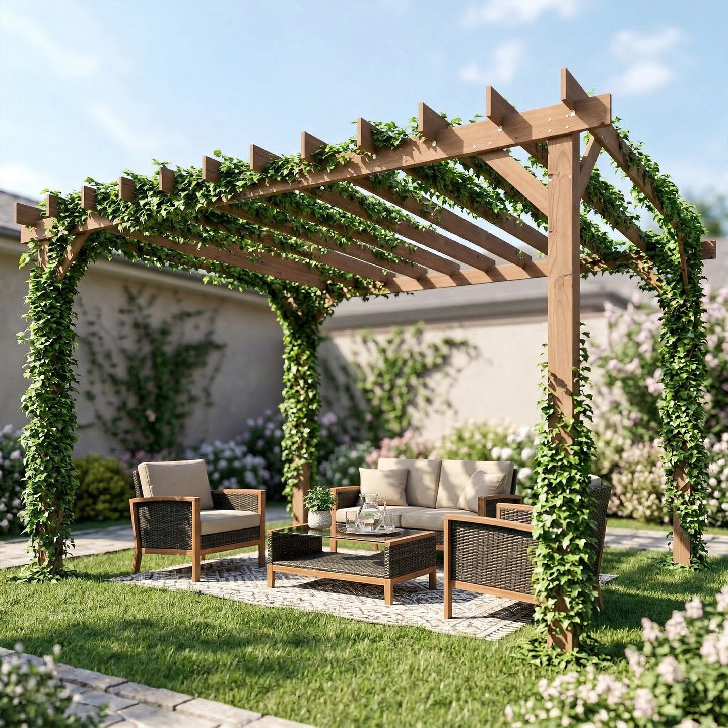 3.6 x 3 m Wooden Pergola Kit, Garden Pergola Gazebo Grape Trellis with Triangle Supports, Crossing Beams for Climbing Vines, Flowers, Sun Shade Shelter for Grill, Patio, Maple Wood-effect