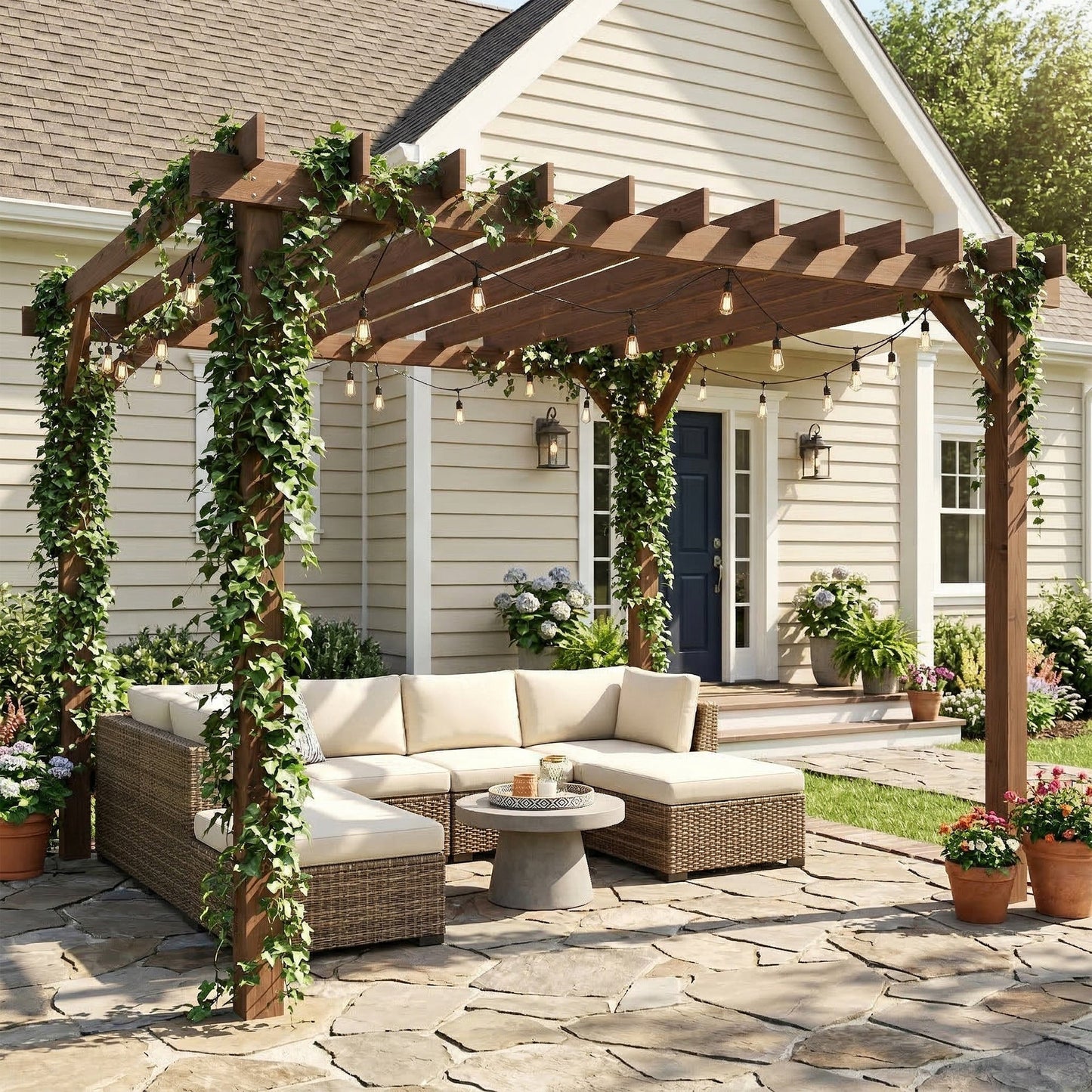 3.6 x 3 m Wooden Pergola Kit, Garden Pergola Gazebo Grape Trellis with Triangle Supports, Crossing Beams for Climbing Vines, Flowers, Sun Shade Shelter for Grill, Patio, Maple Wood-effect