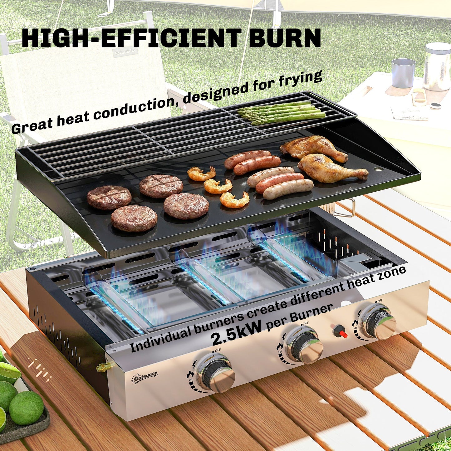 3 Burner Grill Griddle, Portable Gas Plancha with Warming Rack, 7.5 kW, Tabletop Gas BBQ with Grease Cup for Camping Picnic Patios, Black