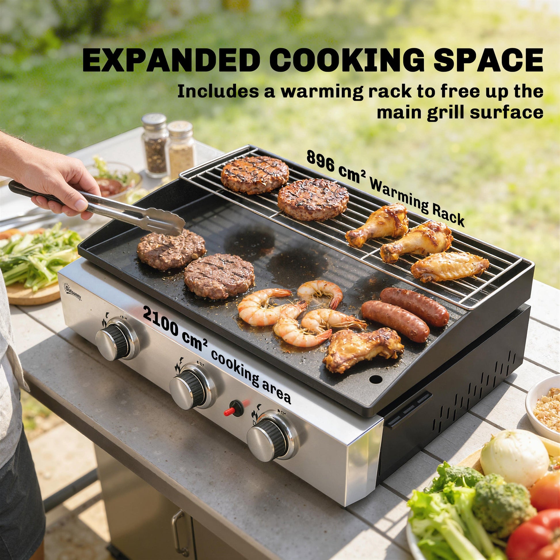 3 Burner Grill Griddle, Portable Gas Plancha with Warming Rack, 7.5 kW, Tabletop Gas BBQ with Grease Cup for Camping Picnic Patios, Black