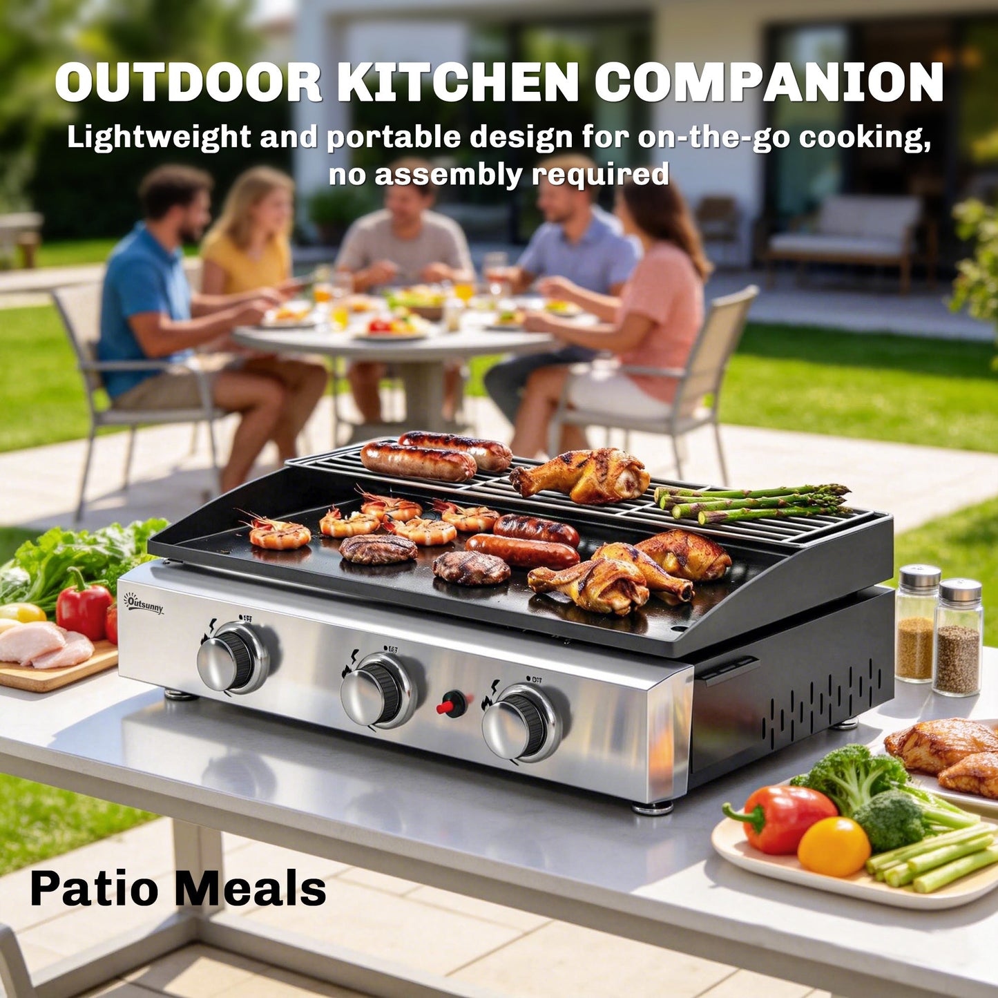 3 Burner Grill Griddle, Portable Gas Plancha with Warming Rack, 7.5 kW, Tabletop Gas BBQ with Grease Cup for Camping Picnic Patios, Black