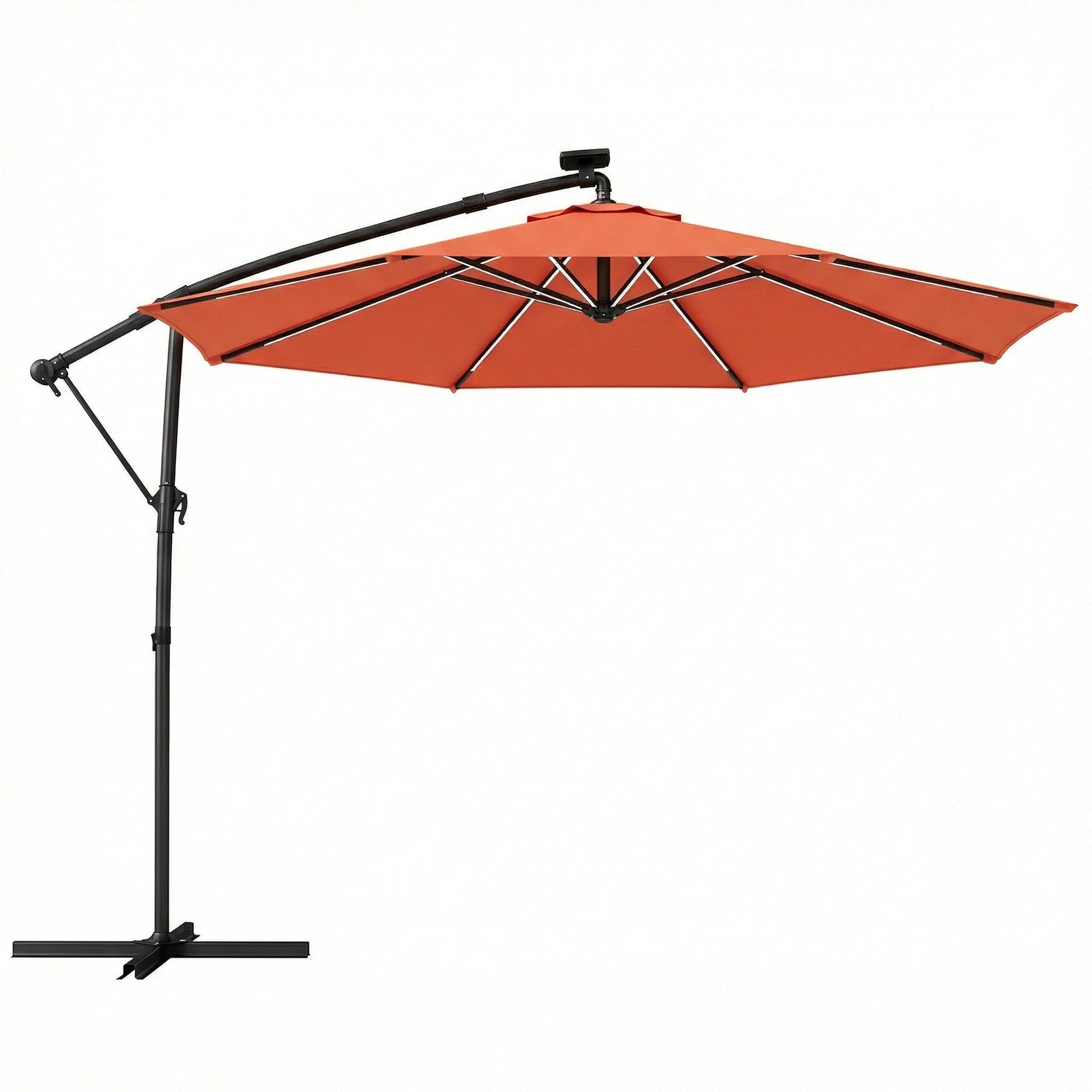 3 m Garden Cantilever Parasol with LED Solar Light, Round Overhanging Umbrella with 6-Position 360° Rotation, Crank Handle, Tilt, Cover, Banana Patio Umbrella for Outdoor Sun Shade, Orange