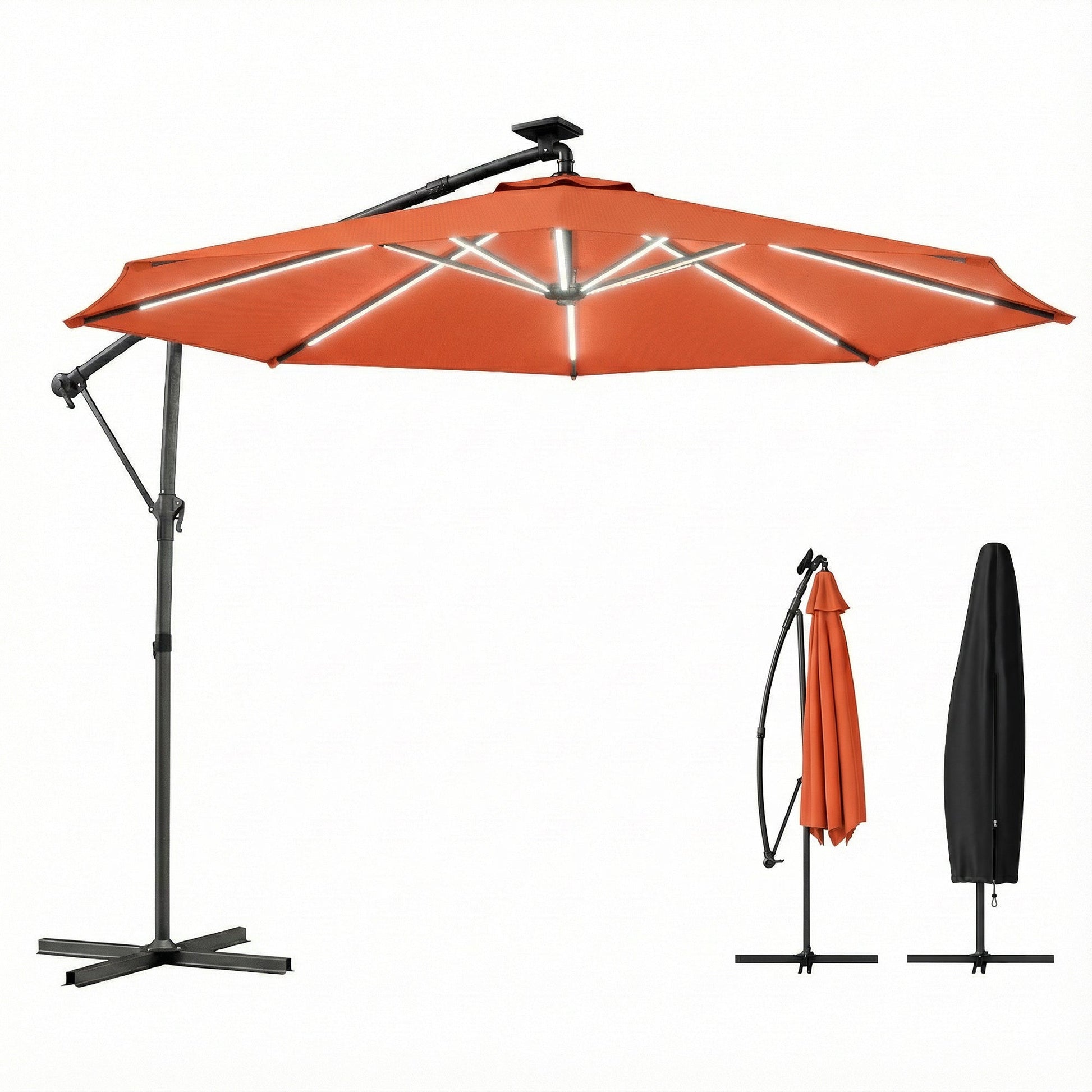 3 m Garden Cantilever Parasol with LED Solar Light, Round Overhanging Umbrella with 6-Position 360° Rotation, Crank Handle, Tilt, Cover, Banana Patio Umbrella for Outdoor Sun Shade, Orange