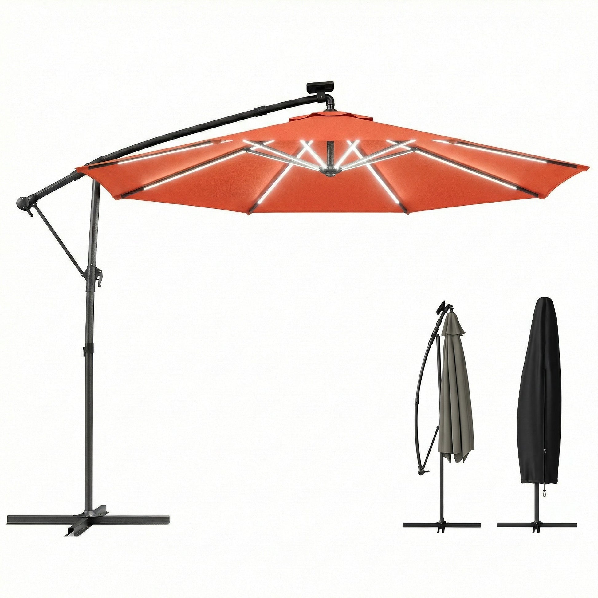 3 m Garden Cantilever Parasol with LED Solar Light, Round Overhanging Umbrella with 6-Position 360° Rotation, Crank Handle, Tilt, Cover, Banana Patio Umbrella for Outdoor Sun Shade, Orange