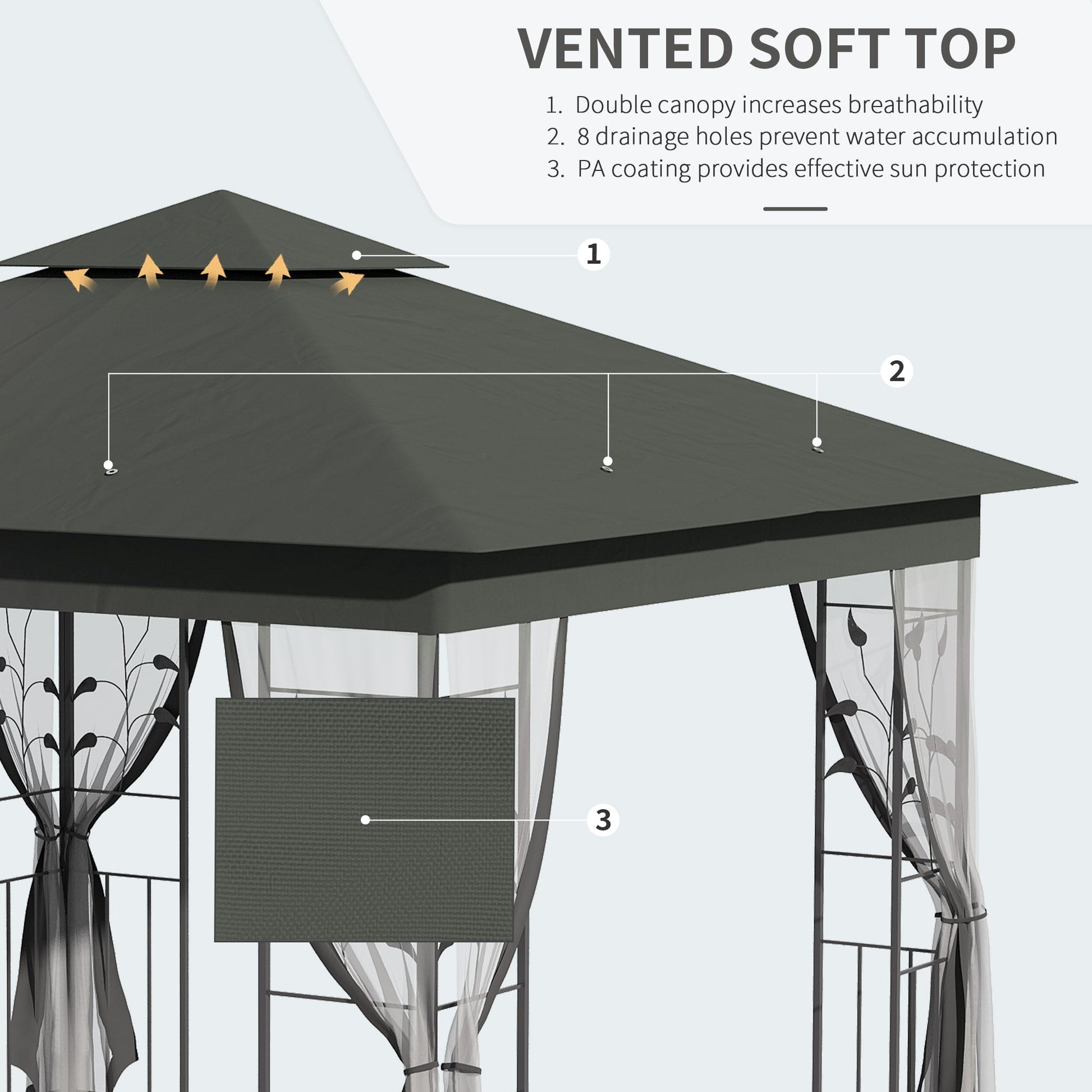 3(m) x 3(m) Garden Gazebo, Double Roof Outdoor Gazebo Canopy Shelter with Netting, Solid Steel Frame, for Garden, Lawn and Deck, Grey