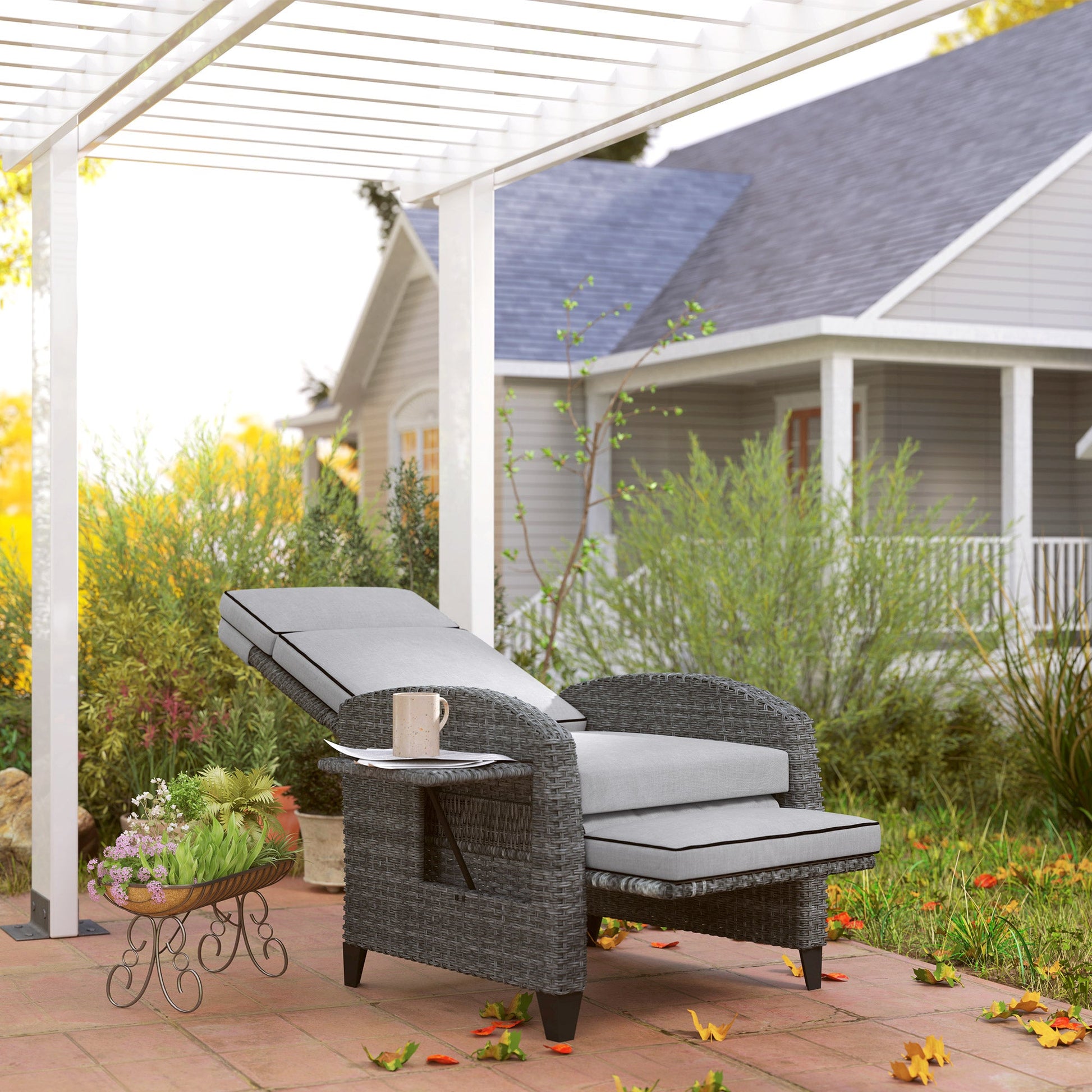 Garden Recliner with Cushion, PE Wicker Outdoor Recliner Chair with Adjustable Backrest & Footrest, Rattan Recliner Chair with Armrests and Side Tray for Balcony, Porch, Light Grey