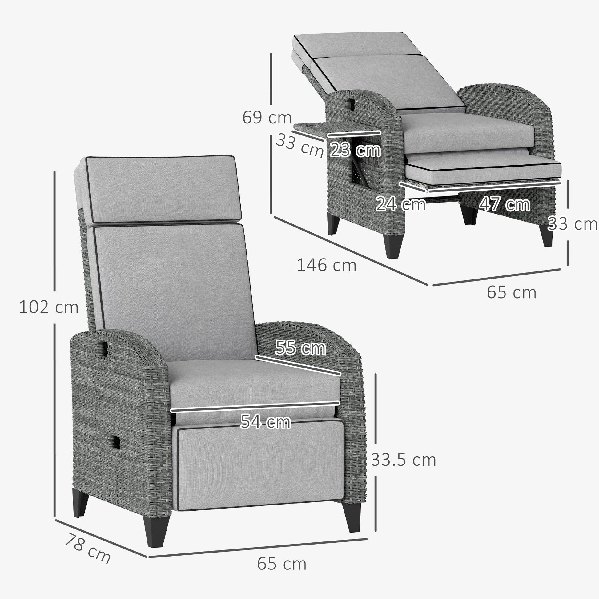 Garden Recliner with Cushion, PE Wicker Outdoor Recliner Chair with Adjustable Backrest & Footrest, Rattan Recliner Chair with Armrests and Side Tray for Balcony, Porch, Light Grey