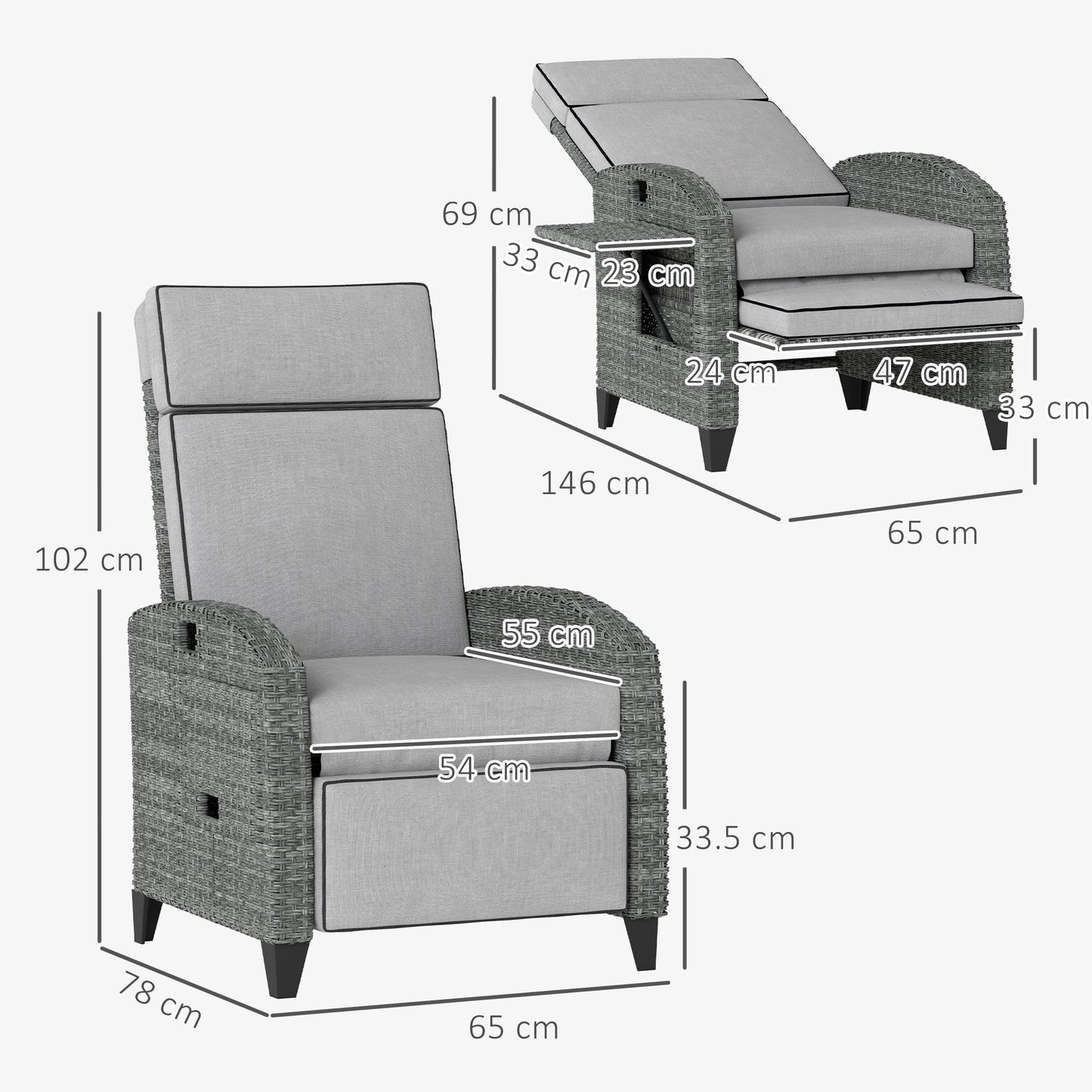 Garden Recliner with Cushion, PE Wicker Outdoor Recliner Chair with Adjustable Backrest & Footrest, Rattan Recliner Chair with Armrests and Side Tray for Balcony, Porch, Light Grey