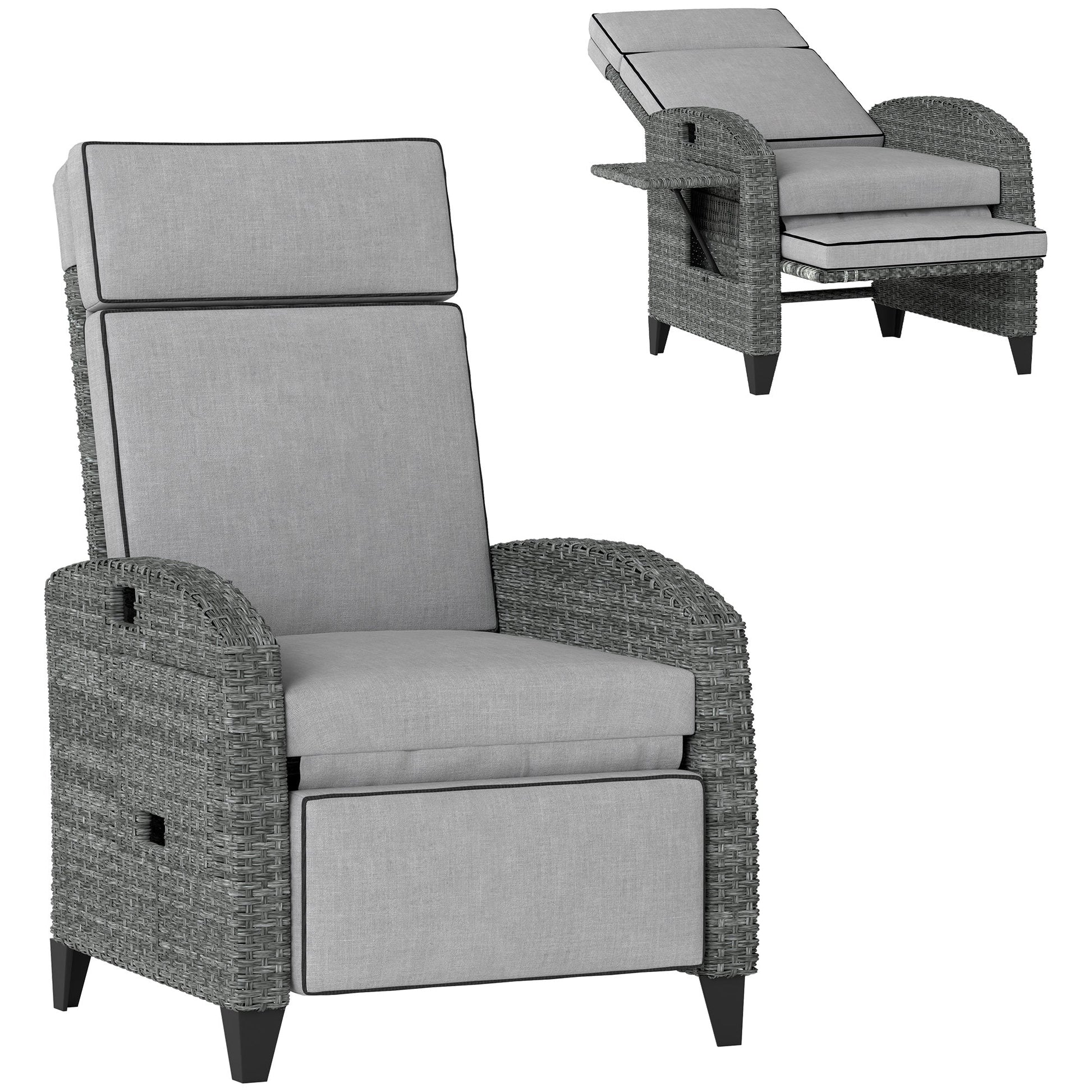 Garden Recliner with Cushion, PE Wicker Outdoor Recliner Chair with Adjustable Backrest & Footrest, Rattan Recliner Chair with Armrests and Side Tray for Balcony, Porch, Light Grey