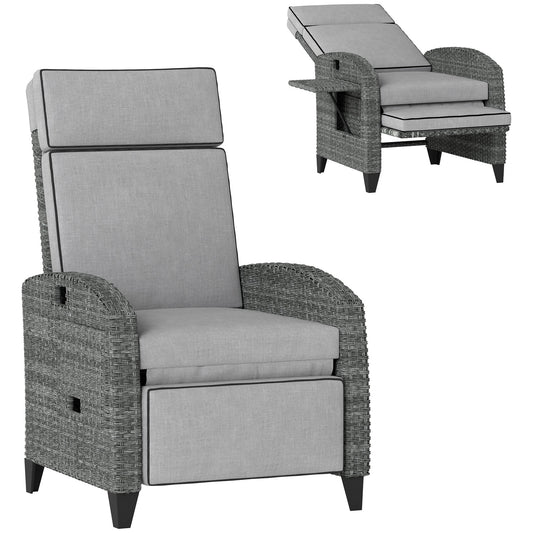 Garden Recliner with Cushion, PE Wicker Outdoor Recliner Chair with Adjustable Backrest & Footrest, Rattan Recliner Chair with Armrests and Side Tray for Balcony, Porch, Light Grey