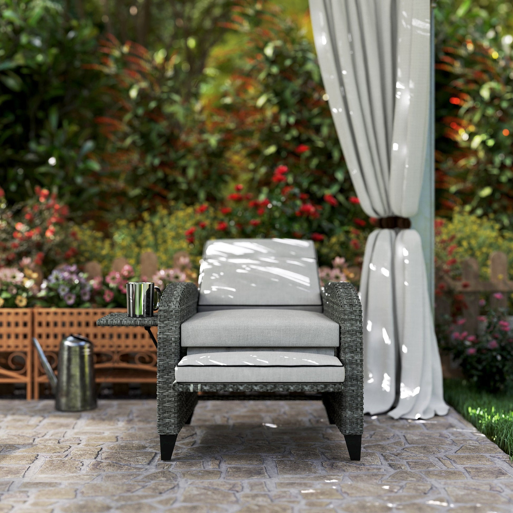 Garden Recliner with Cushion, PE Wicker Outdoor Recliner Chair with Adjustable Backrest & Footrest, Rattan Recliner Chair with Armrests and Side Tray for Balcony, Porch, Light Grey