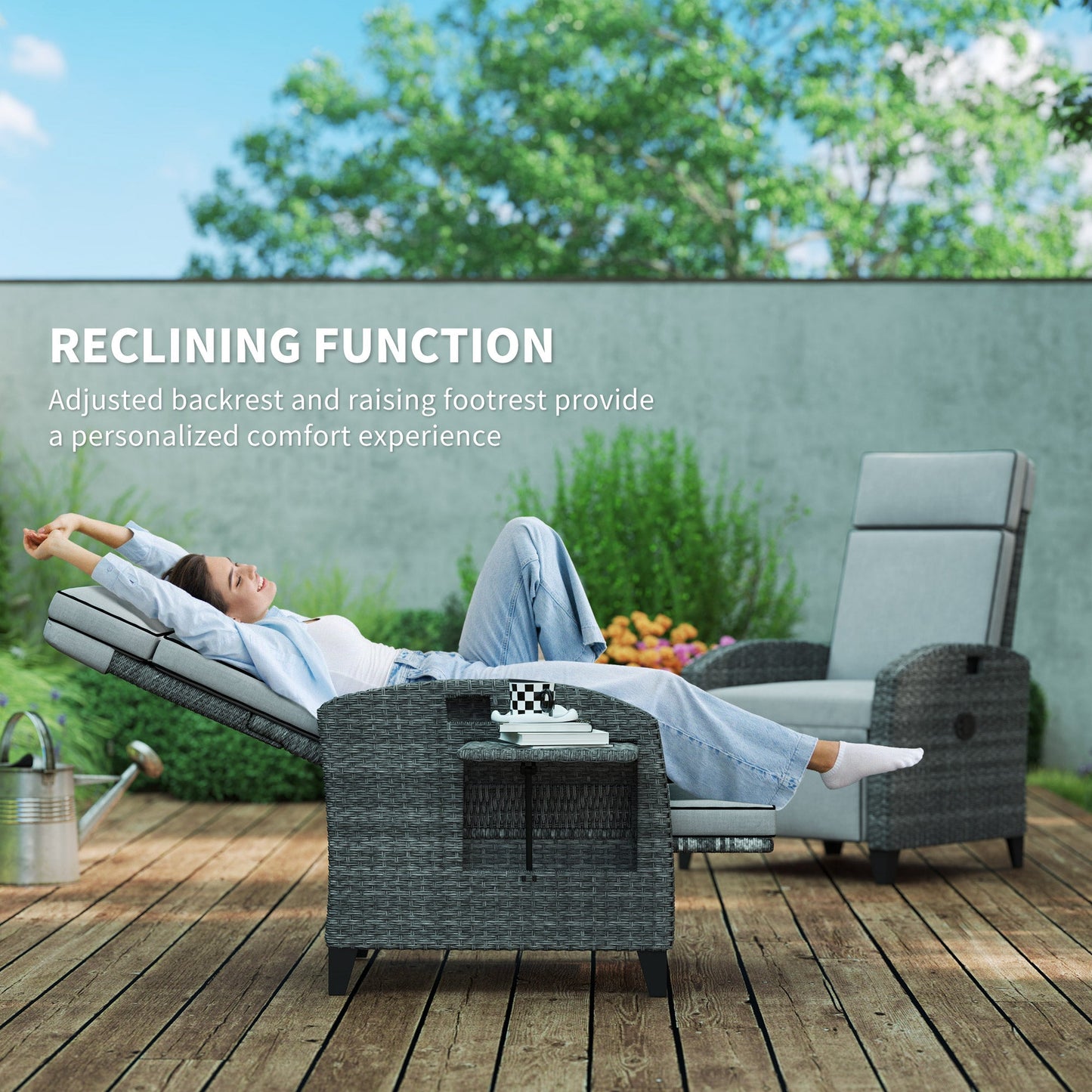 Garden Recliner with Cushion, PE Wicker Outdoor Recliner Chair with Adjustable Backrest & Footrest, Rattan Recliner Chair with Armrests and Side Tray for Balcony, Porch, Light Grey