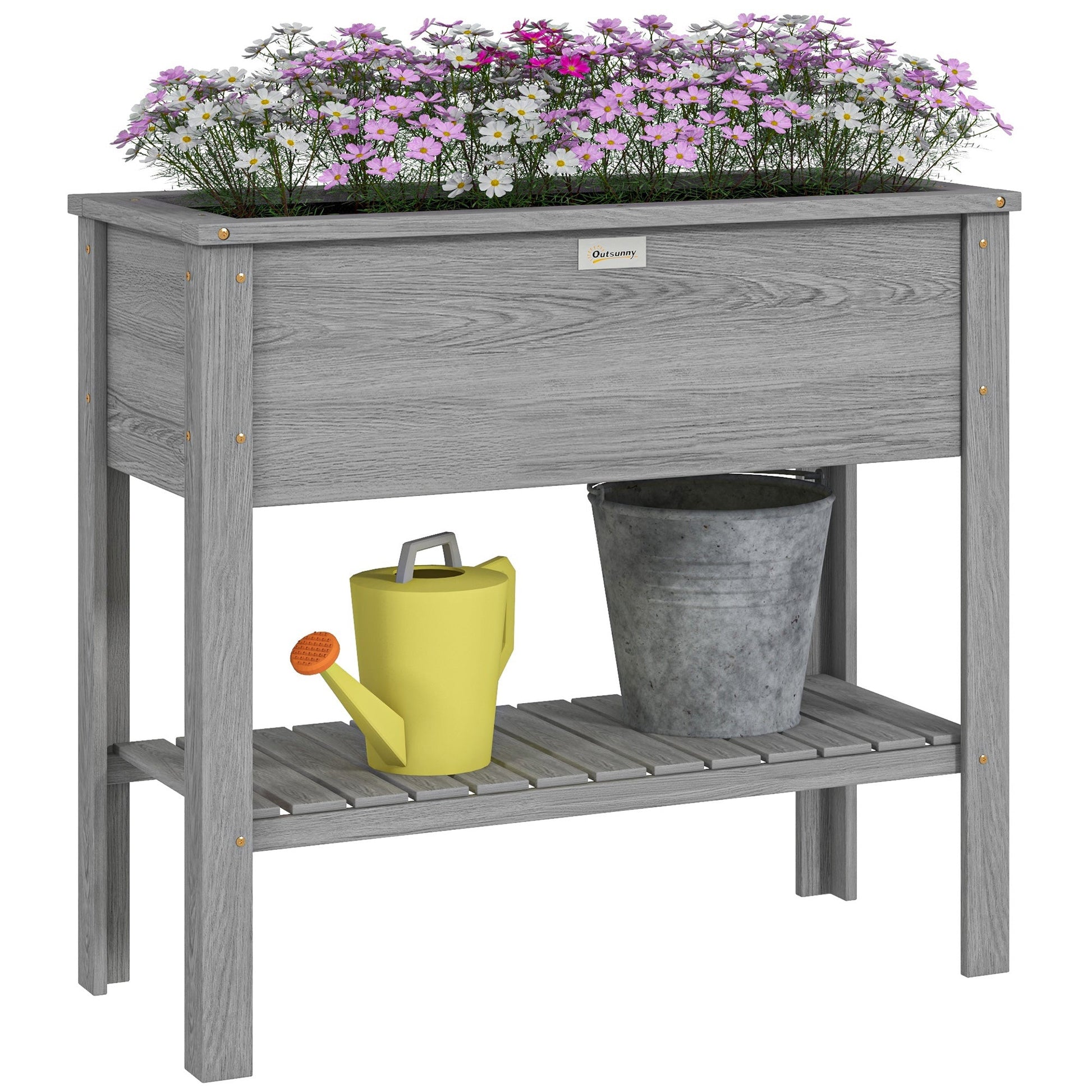 Wooden Raised Garden Bed, Elevated Planter Box with Storage Shelf and Drainage Holes, Raised Planter with Legs for Flowers, Vegetables, Herbs, Grey