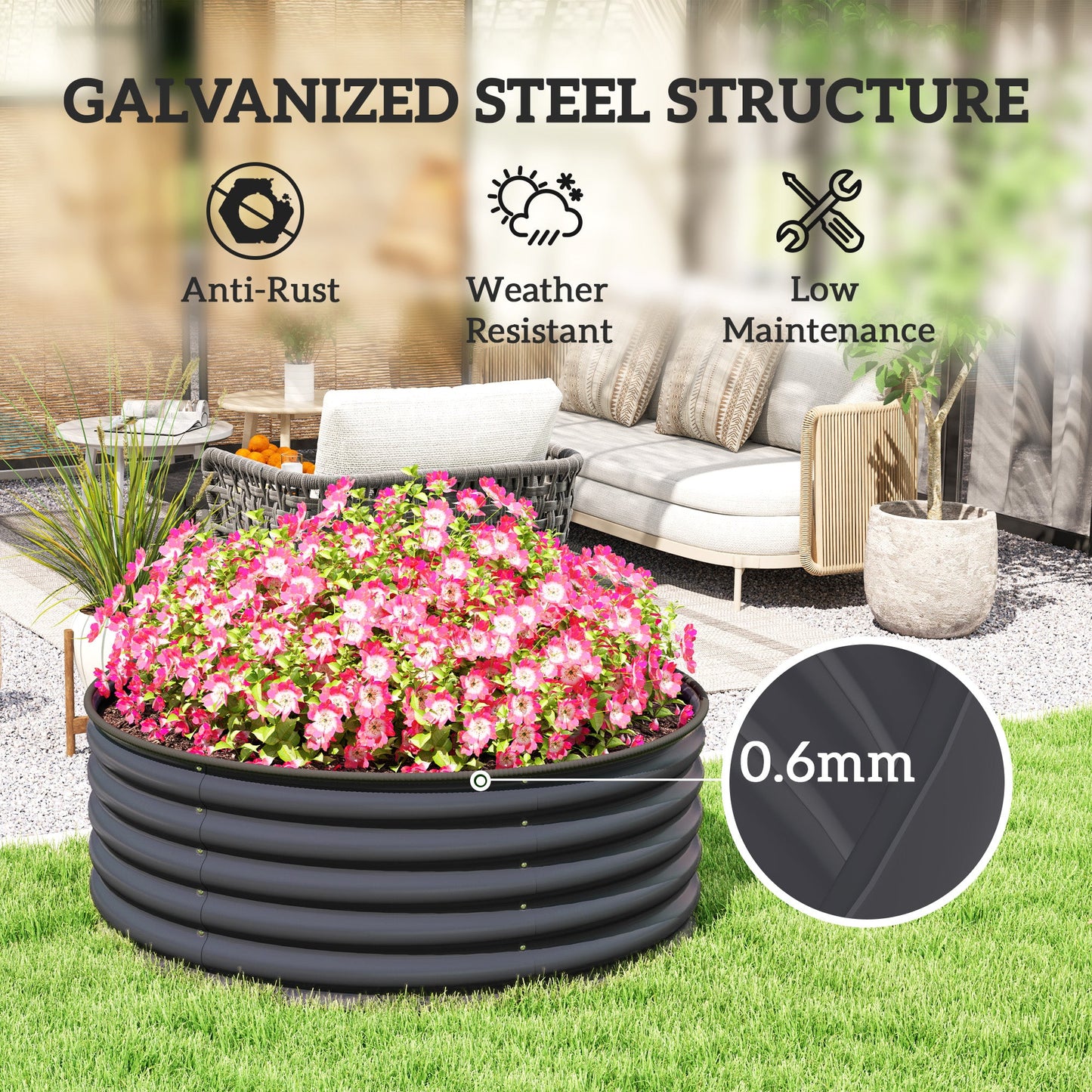 Galvanised Raised Garden Bed with Safety Edging, Outdoor Raised Planter Box with Gloves and Open Bottom, Metal Raised Bed for Flowers, Vegetables and Herbs, 120 x 120 x 43cm, Dark Grey