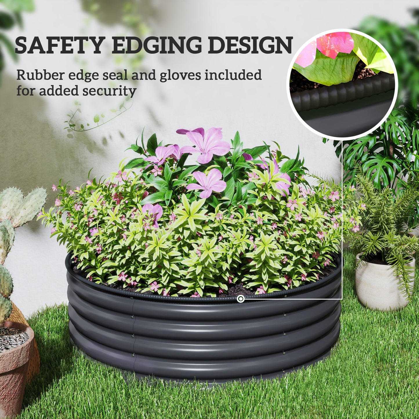 Galvanised Raised Garden Bed with Safety Edging, Outdoor Raised Planter Box with Gloves and Open Bottom, Metal Raised Bed for Flowers, Vegetables and Herbs, 120 x 120 x 43cm, Dark Grey